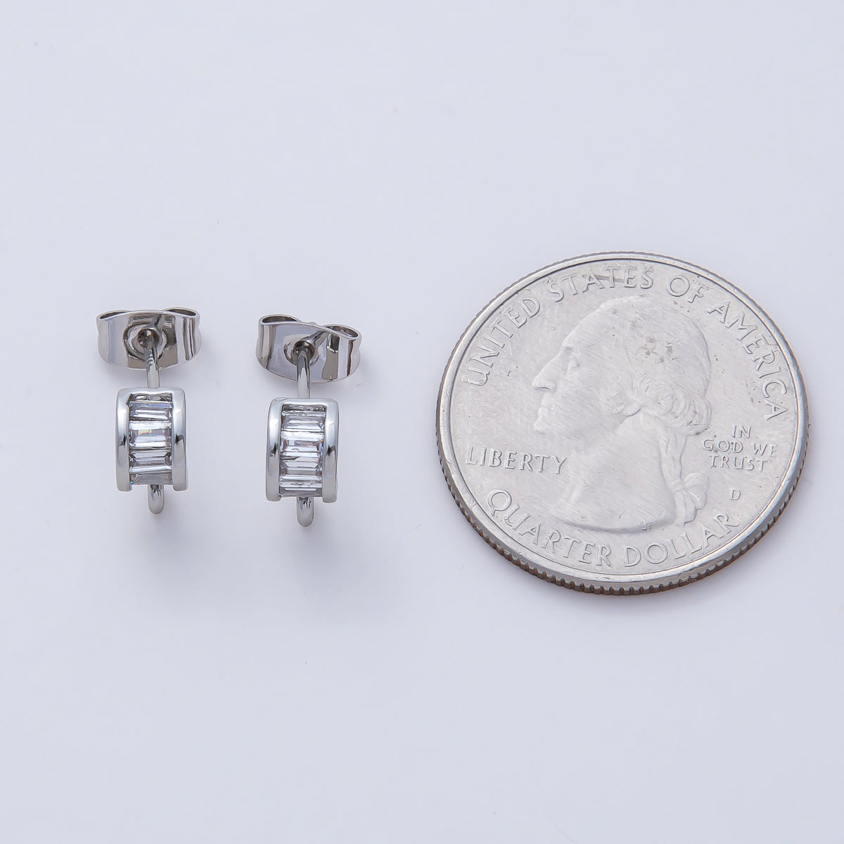 18K Gold Filled 9.5mm Clear Baguette CZ Drop C-Shaped Hoop Earring Findings in Gold & Silver | Z1638