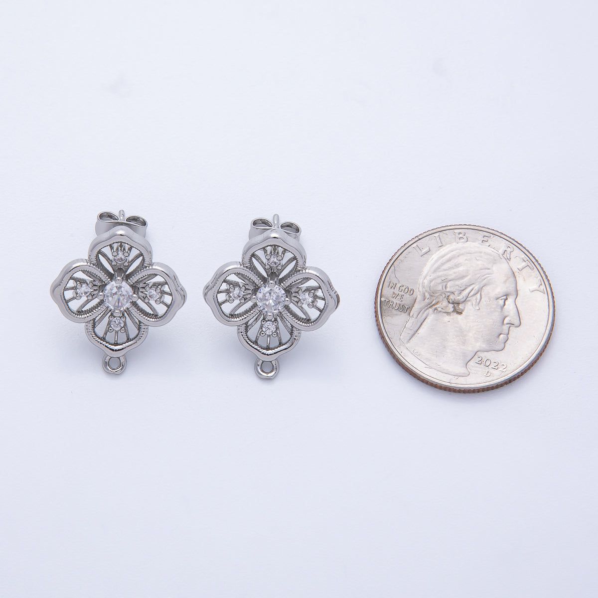 Silver 21mm Clear CZ Open Clover Flower Stud Earrings Findings Supply | Z1667