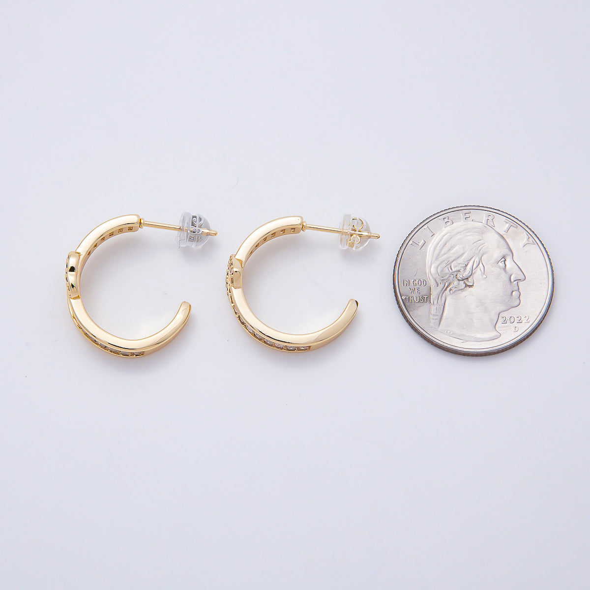 16K Gold Filled 20mm Heart Knot Baguette Micro Paved CZ C-Shaped Hoop in Gold & Silver | Earrings-00643 Earrings-00644