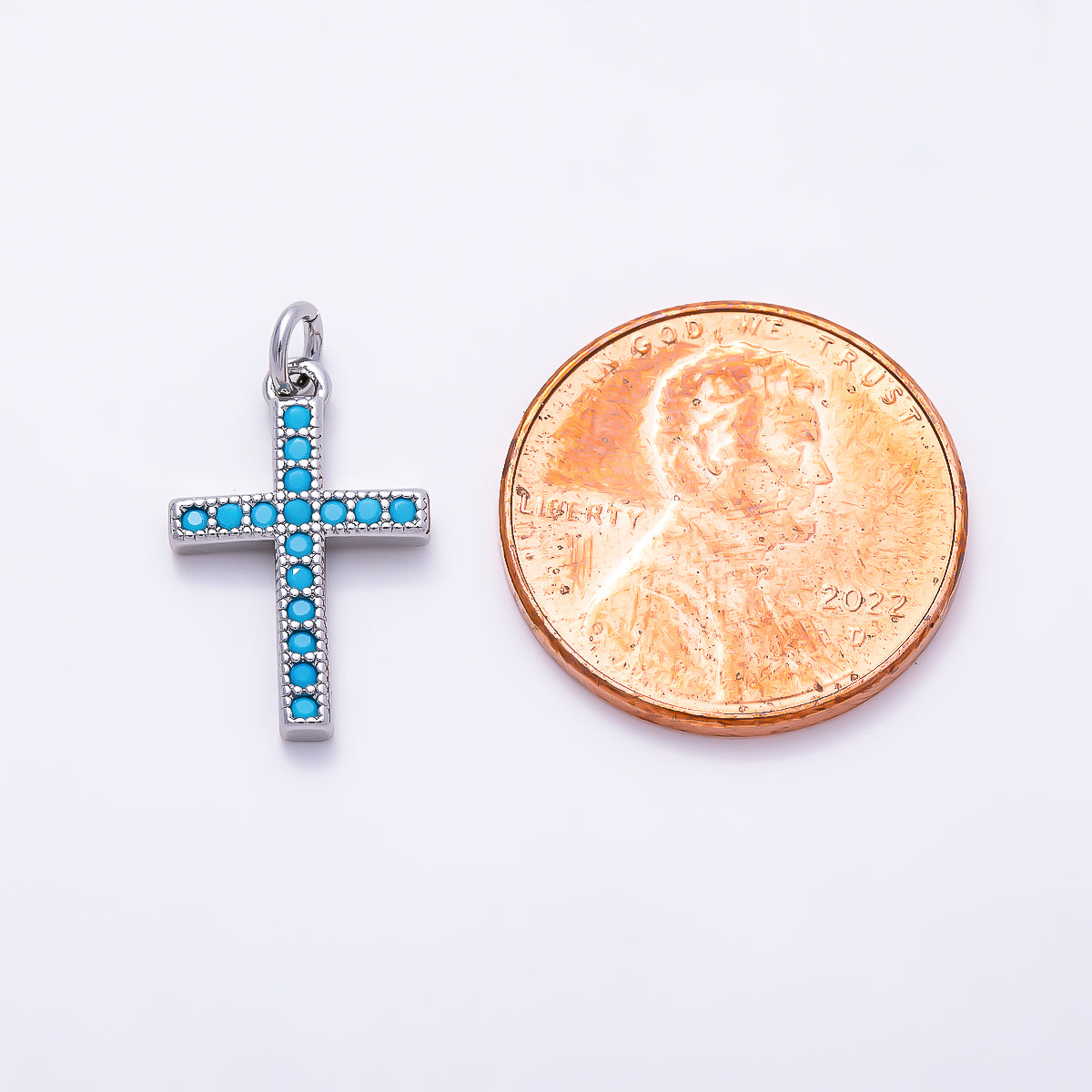 Silver 16mm Turquoise Micro Paved Religious Cross Charm | Charms-01521