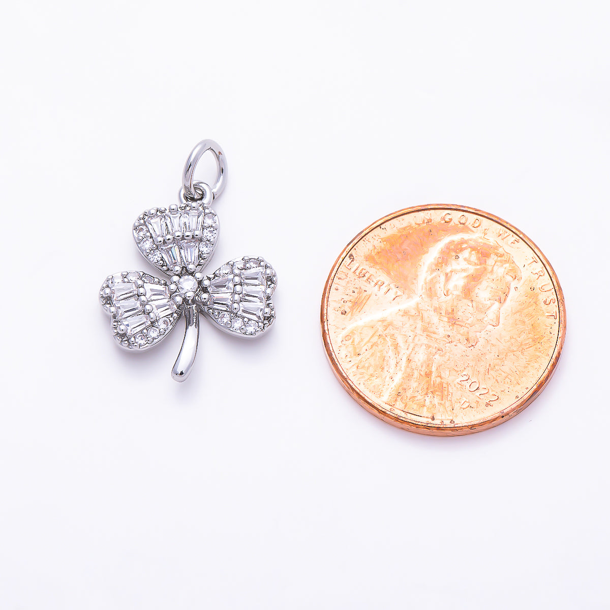 Silver 16.5mm Clear CZ Baguette Micro Paved Clover Plant Charm | Charms-01522