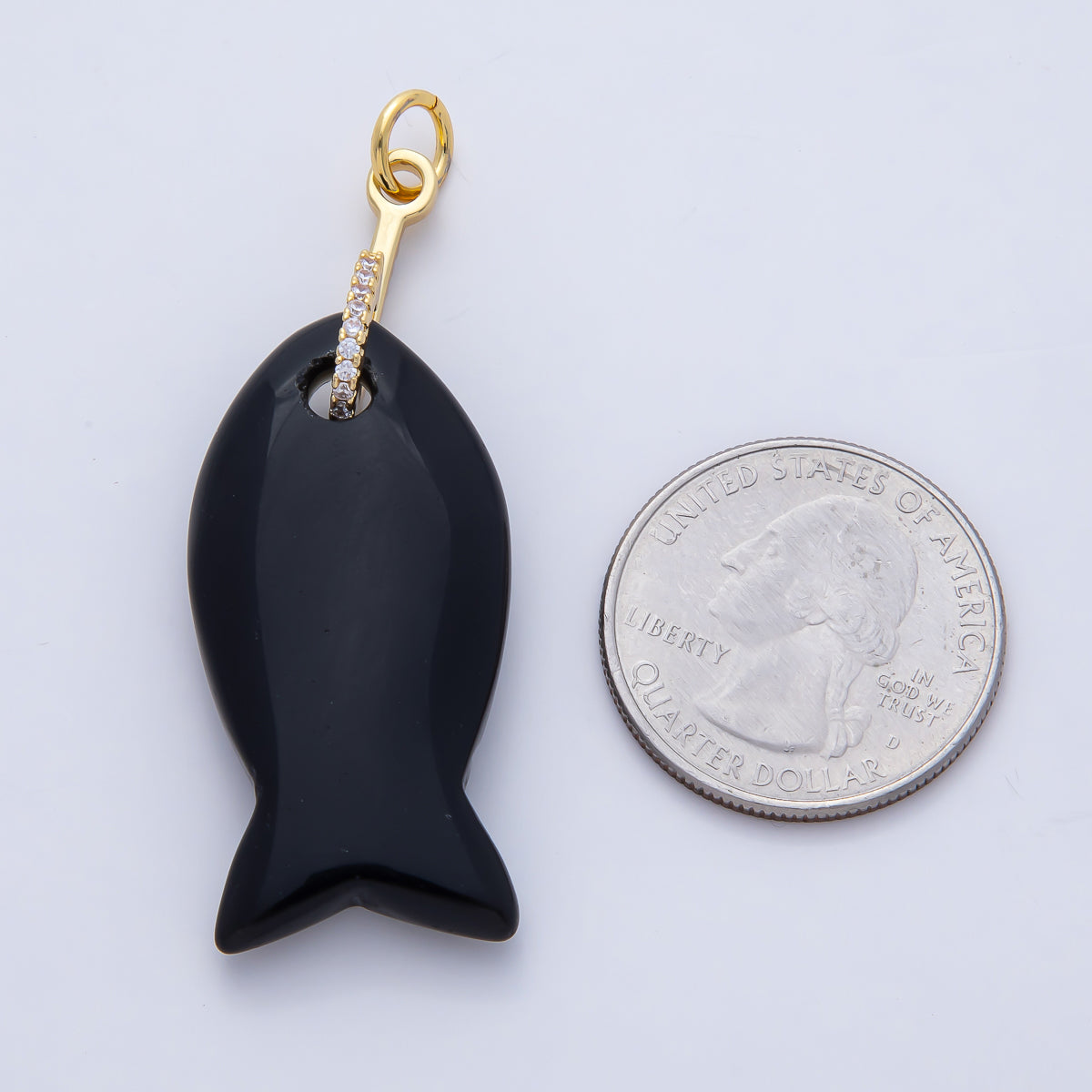 18K Gold Filled 51mm Quartz, Agate, Jasper, Topas Gemstone Fish Charm with CZ Charm | AK001