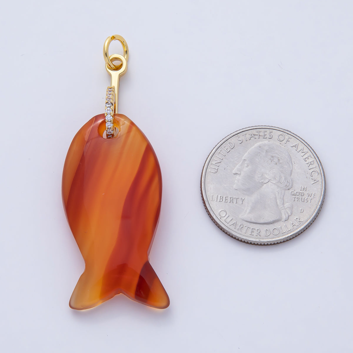 18K Gold Filled 51mm Quartz, Agate, Jasper, Topas Gemstone Fish Charm with CZ Charm | AK001