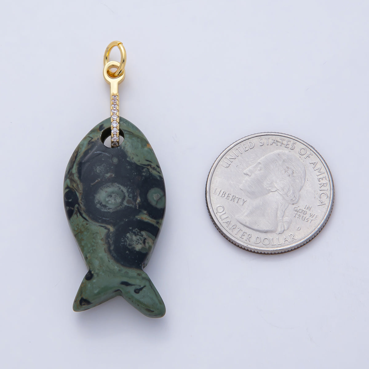 18K Gold Filled 51mm Quartz, Agate, Jasper, Topas Gemstone Fish Charm with CZ Charm | AK001