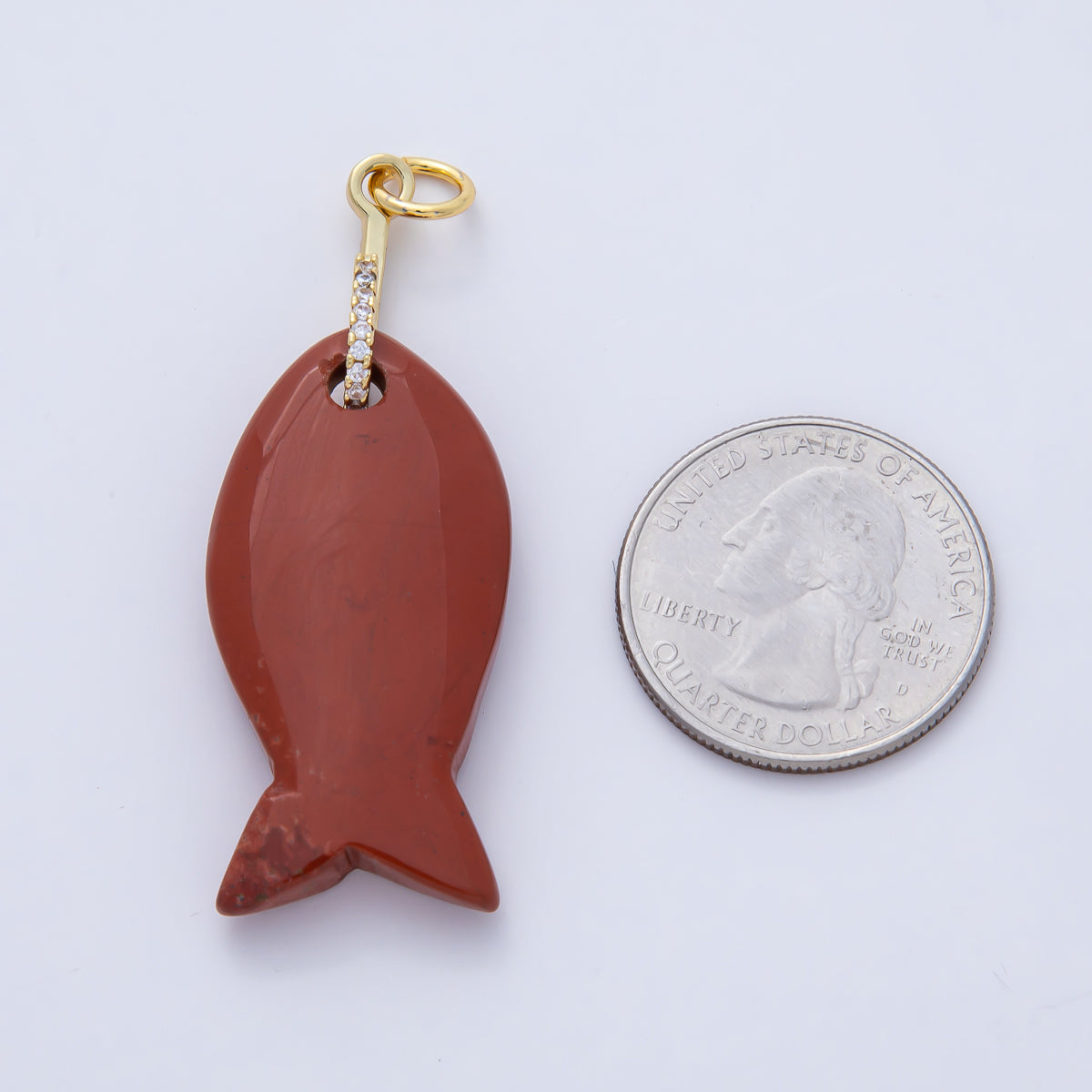 18K Gold Filled 51mm Quartz, Agate, Jasper, Topas Gemstone Fish Charm with CZ Charm | AK001