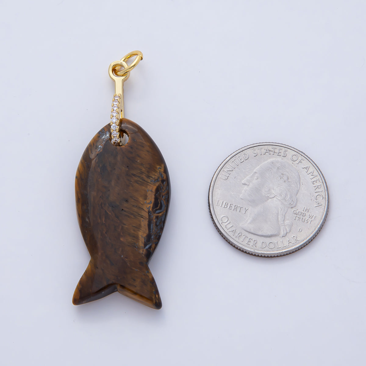 18K Gold Filled 51mm Quartz, Agate, Jasper, Topas Gemstone Fish Charm with CZ Charm | AK001