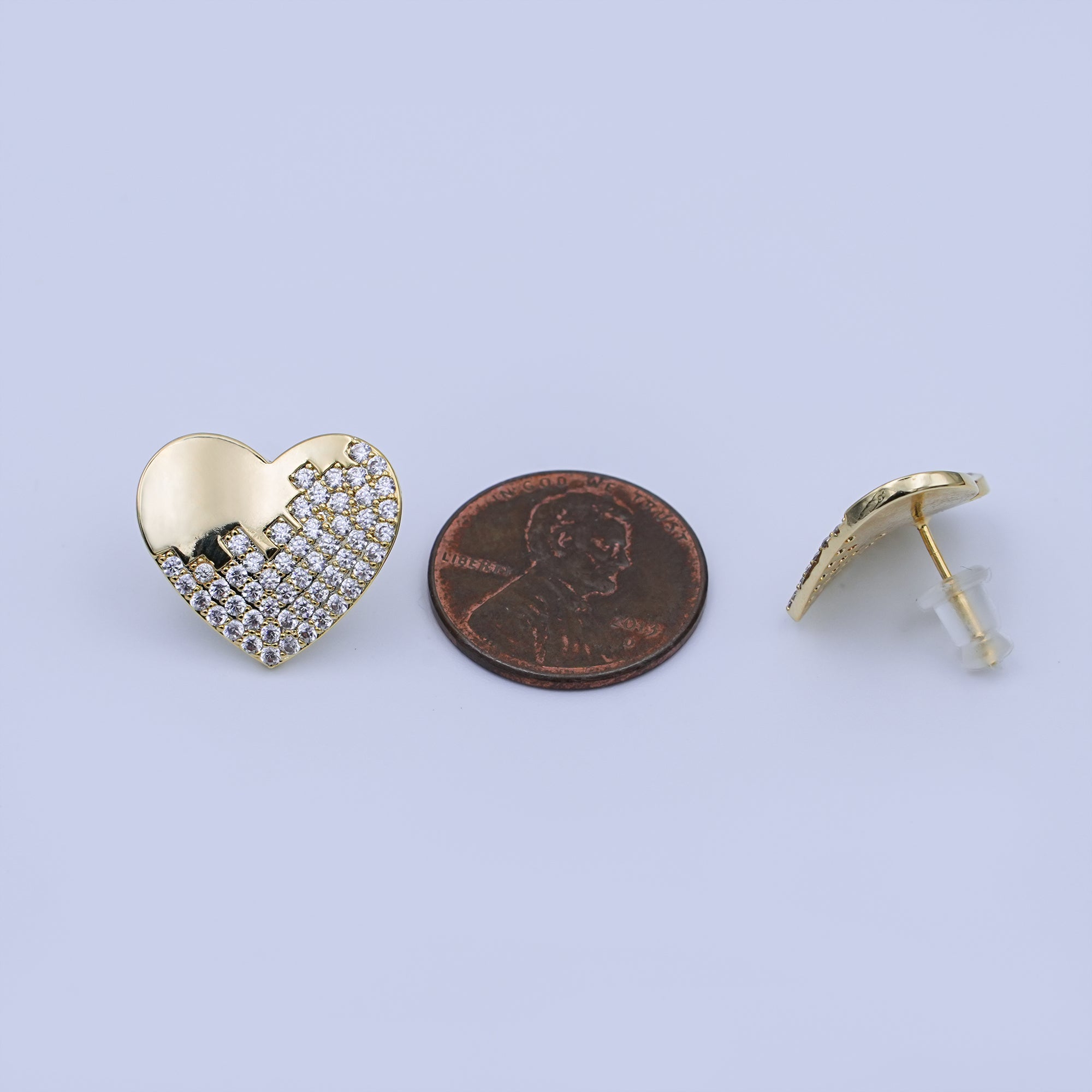 Micro Paved CZ Heart Stud Earrings Set in Gold & Silver | V534