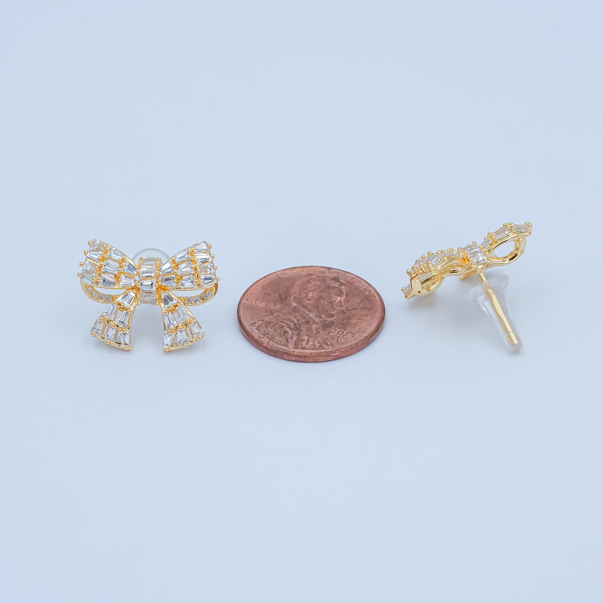 Baguette Micro Paved CZ Ribbon Bow Stud Earrings in Gold & Silver | AB293 AB294