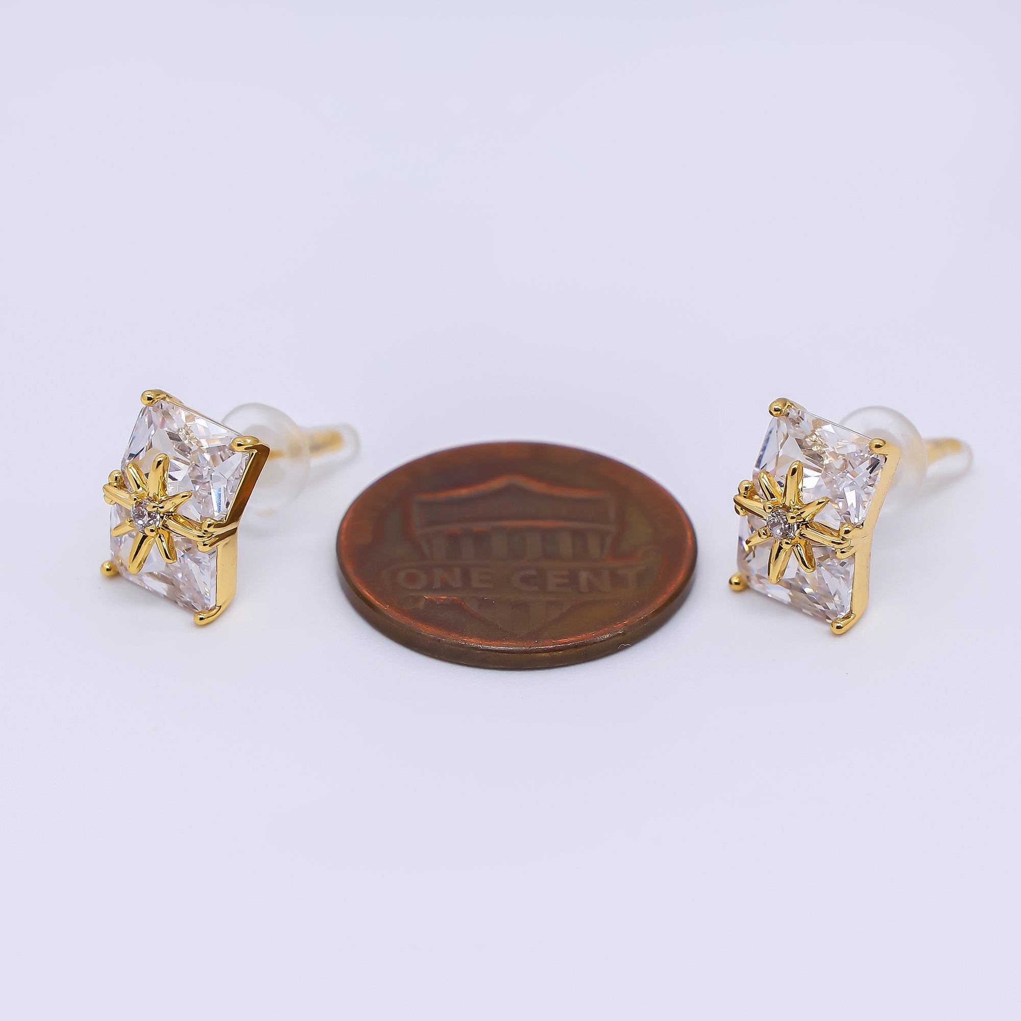24K Gold Filled 11mm Clear CZ Baguette North Star Stud Earrings in Gold & Silver | AE734 AE741