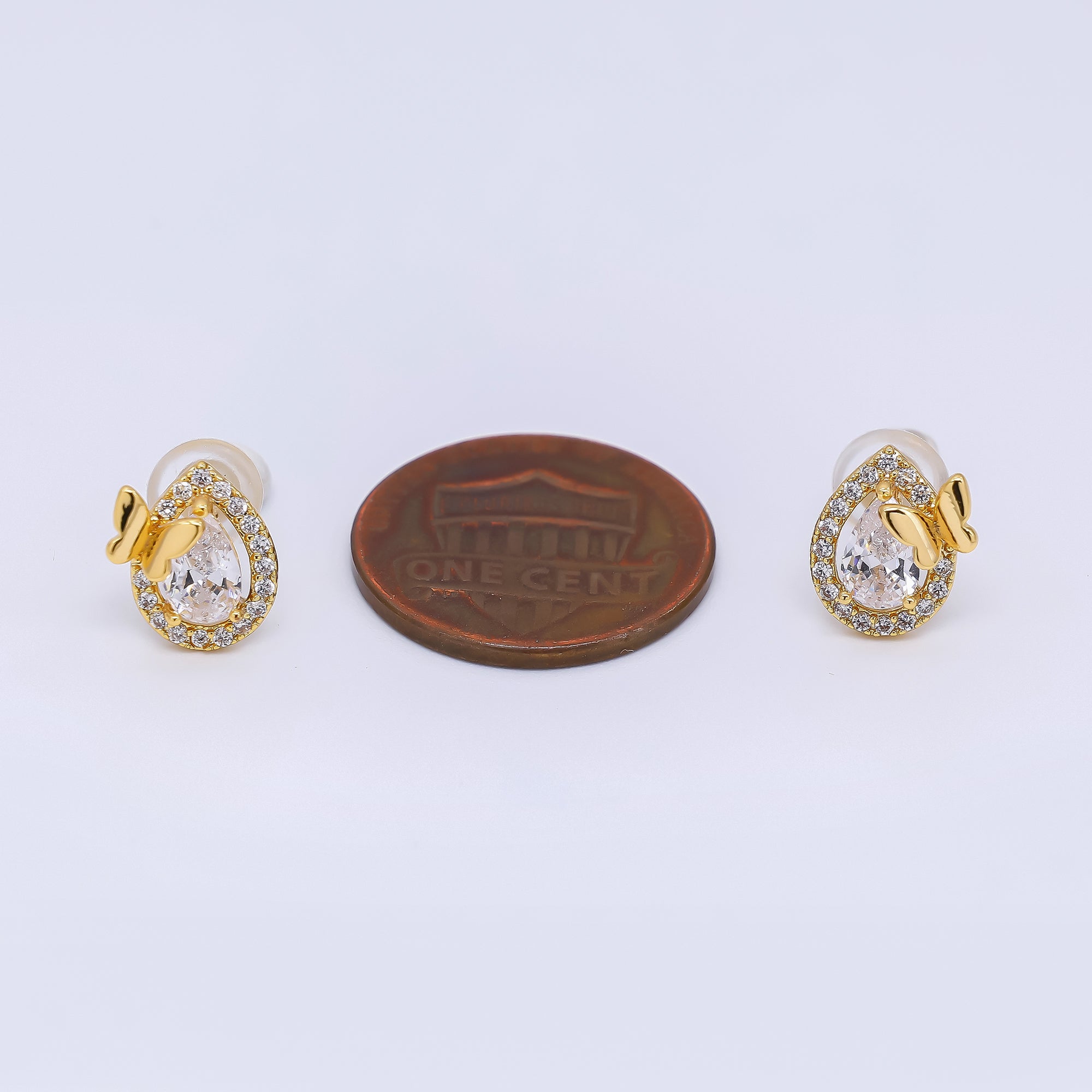 24K Gold Filled 10mm Clear CZ Micro Paved Butterfly Teardrop Stud Earrings in Gold & Silver | AE689 AE712