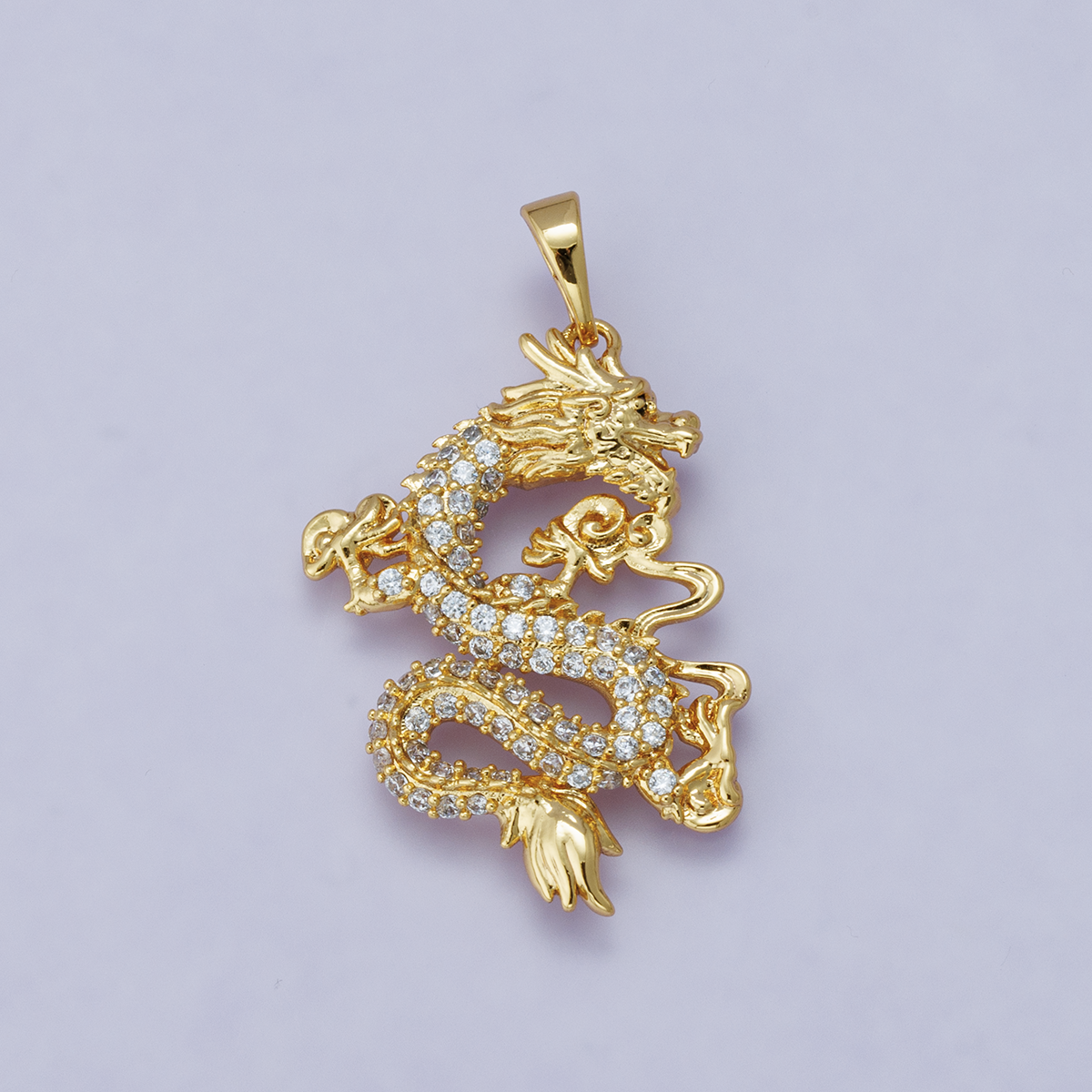 24K Gold Filled 28mm Micro Paved CZ Oriental Dragon Lucky Pendant | H00627