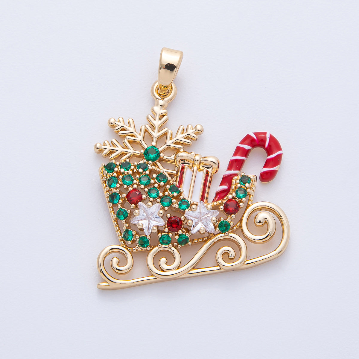 18K Gold Filled 25.5mm Christmas Sled Presents Candy Cane Snow Holiday Pendant | H030
