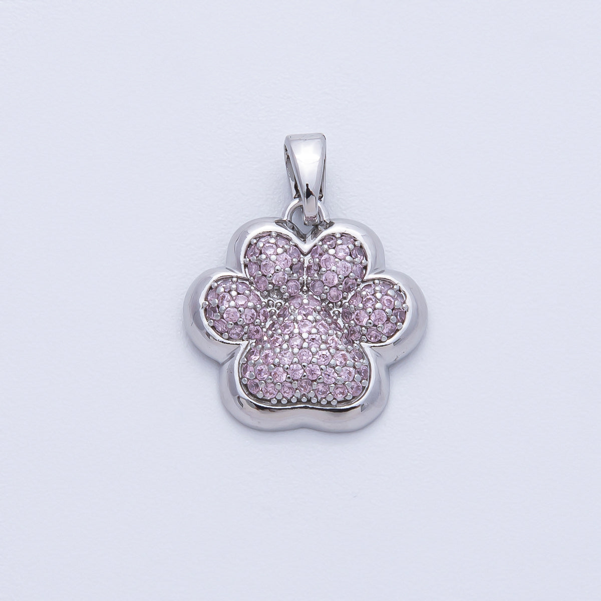 Rhodium Plated Pink Micro Paved CZ Animal Paw Print Pendant | H048