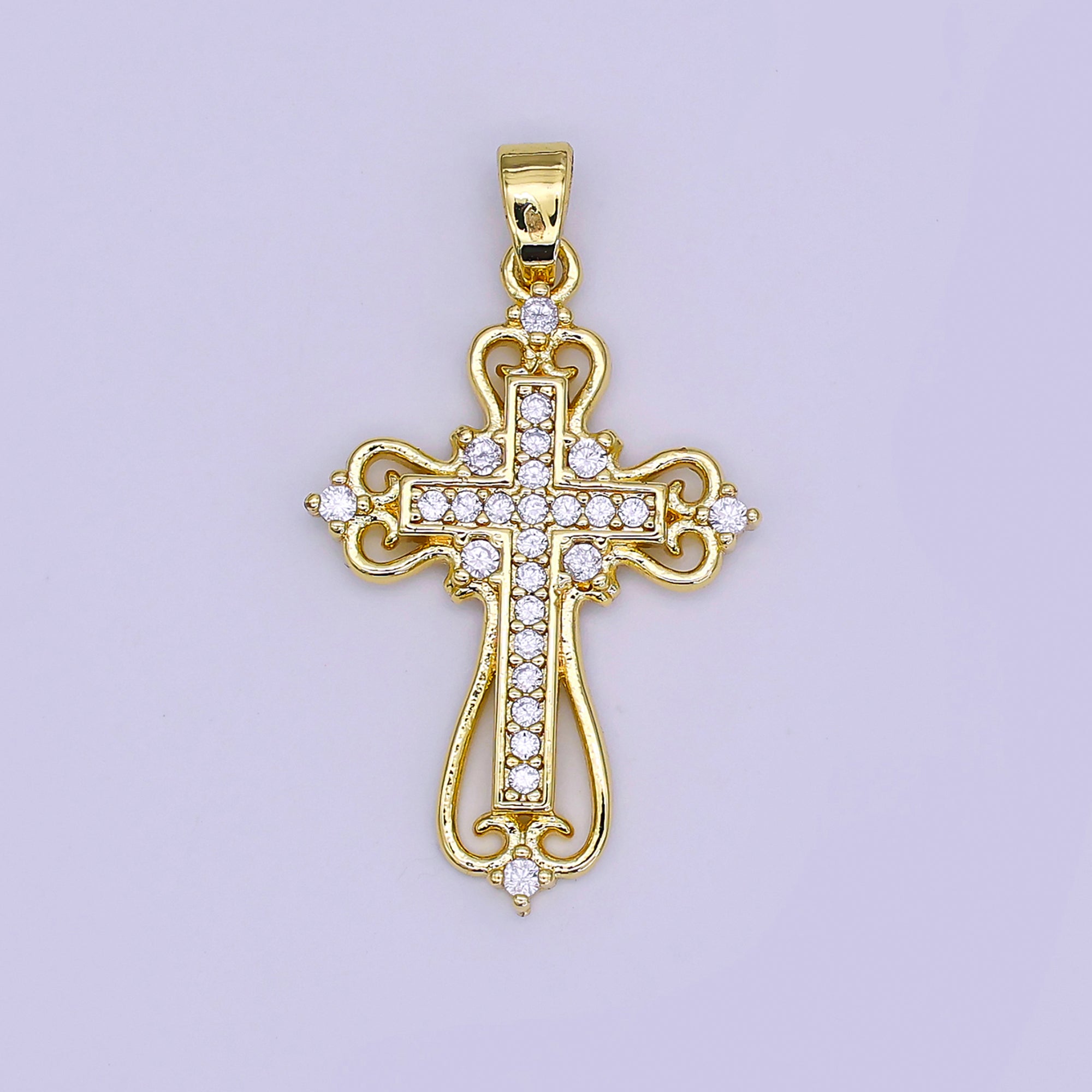 Beautiful Gold Ornate Cross Necklace Pendant Charm for Religious Christian Catholic Jewelry Making H-404