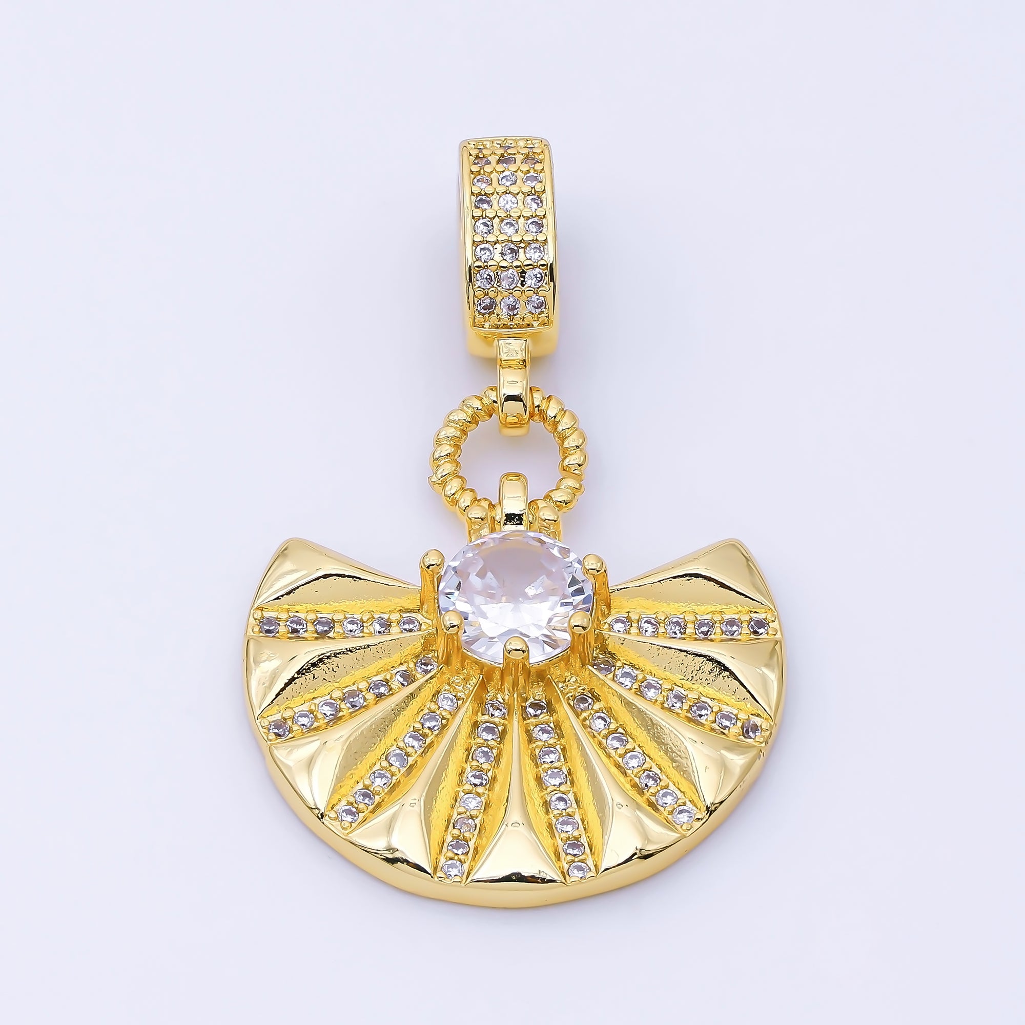 24K Gold Filled 22.5mm Fan Round Micro Paved CZ Rondelle Bail Drop Pendant | I003