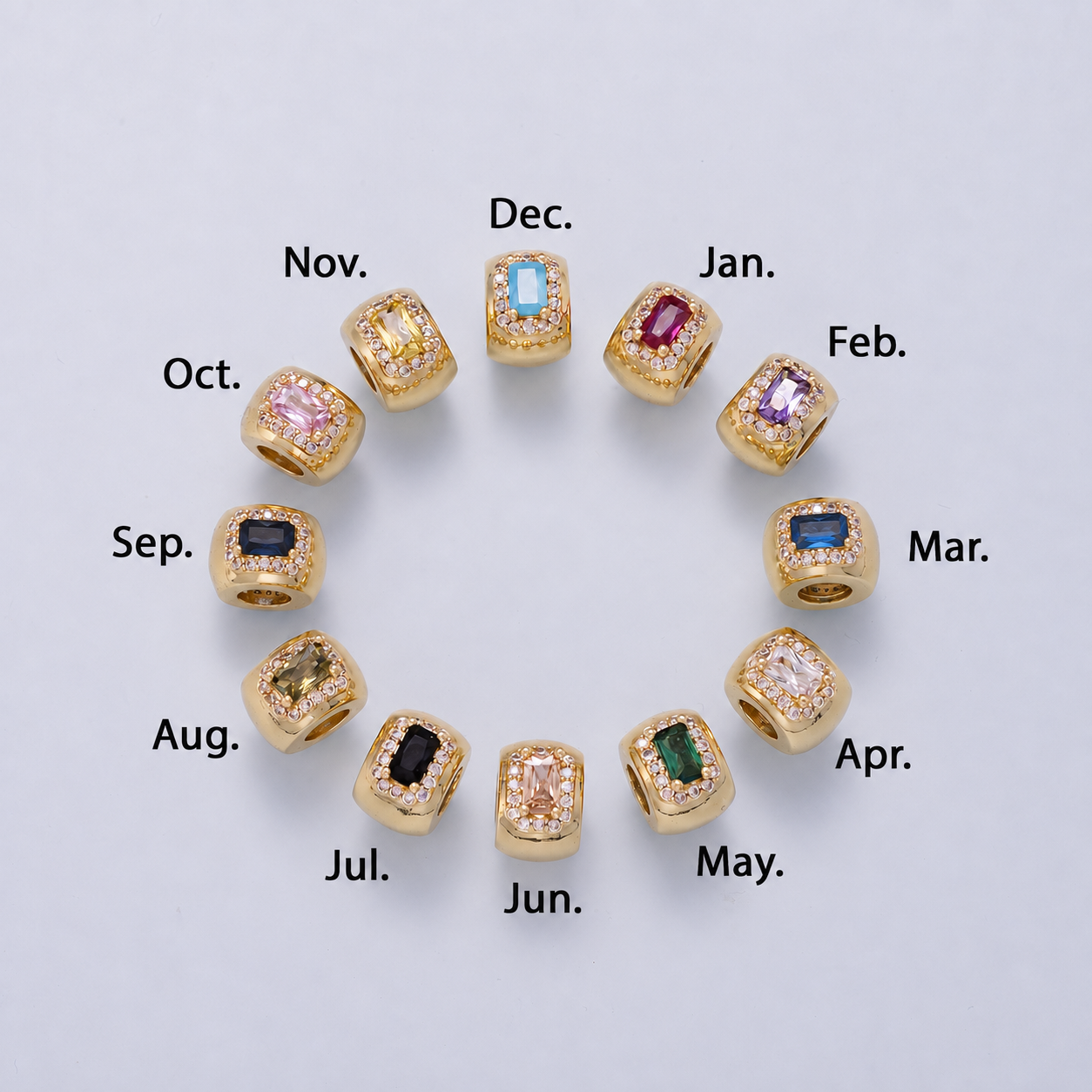 16K Gold Filled 10mm Birthstone Baguette Micro Paved CZ Chubby Rondelle Bead | Beads-00363 ~ Beads-00374