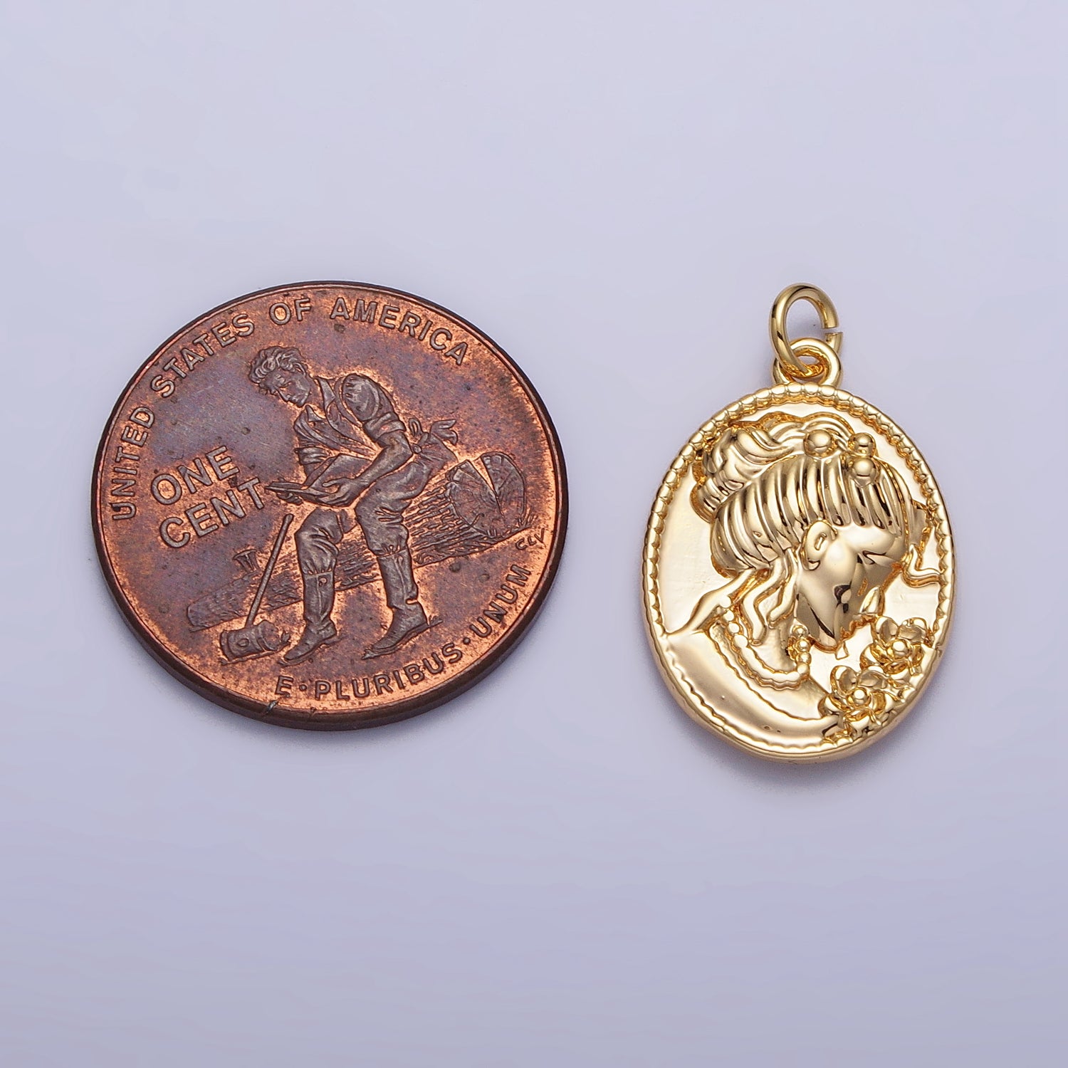 16K Gold Filled Double Sided Portrait of Victorian Lady Flower Pearl Cameo Oval Charm in Gold & Silver | AC299 AC300