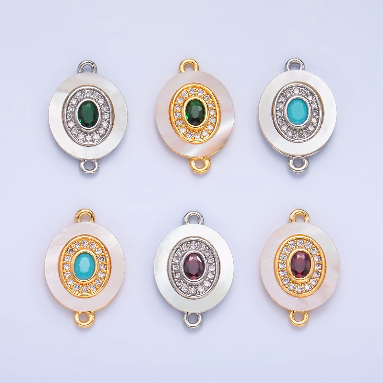 Colorful CZ Evil Eye Freshwater Pearl Gold Bezel Connector, Evil Eye Oval Shaped Gold Filled Double Bail Link Connector | F823