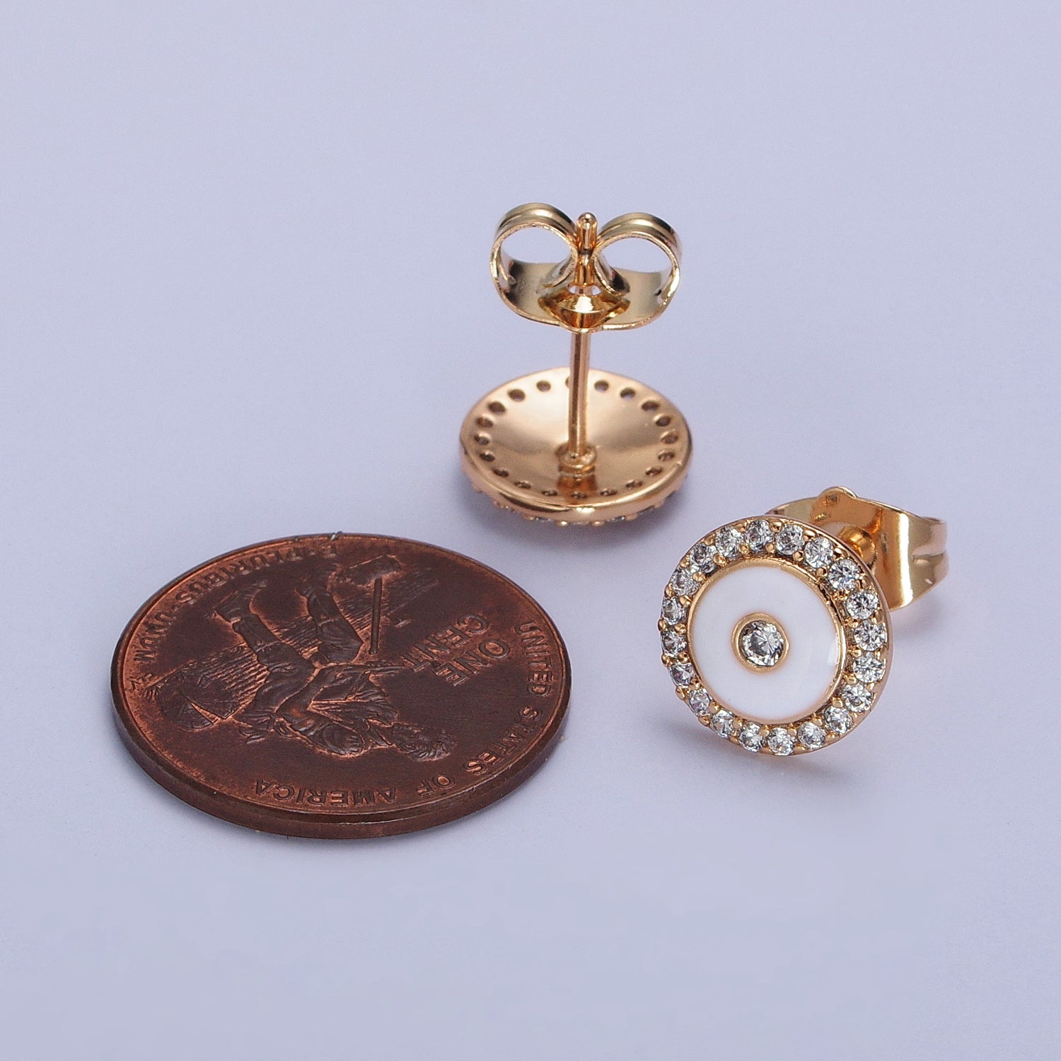 18K Gold Filled 10mm Black, Red, White Enamel Micro Paved CZ Round Stud Earrings | AB290 - AB292