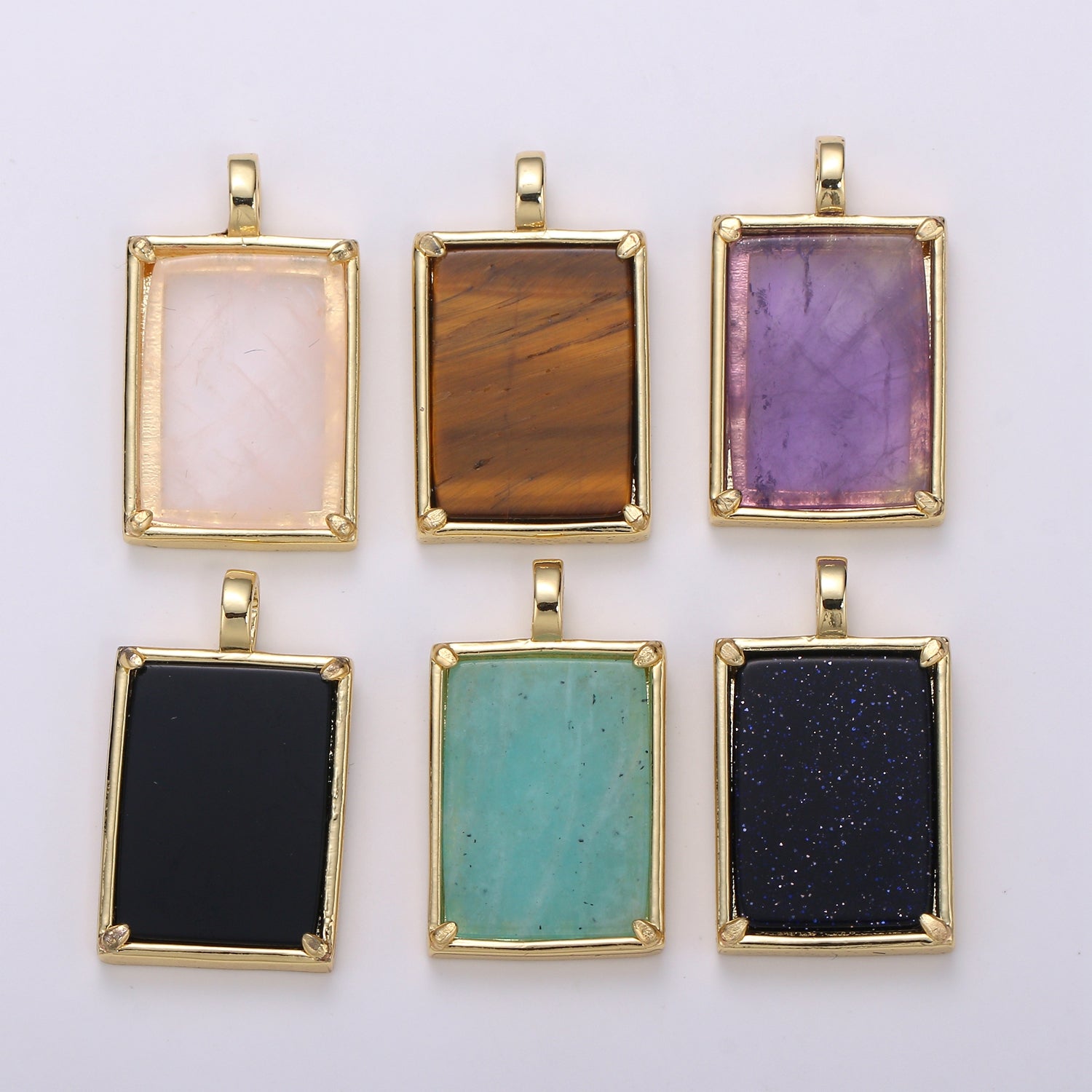 14K Gold Filled 25mm Amethyst, Aquamarine, Onyx, Rose Quartz, Lapis Lazuli, Tiger Eye Gemstone Rectangle Bezel Pendant | I785 - I790