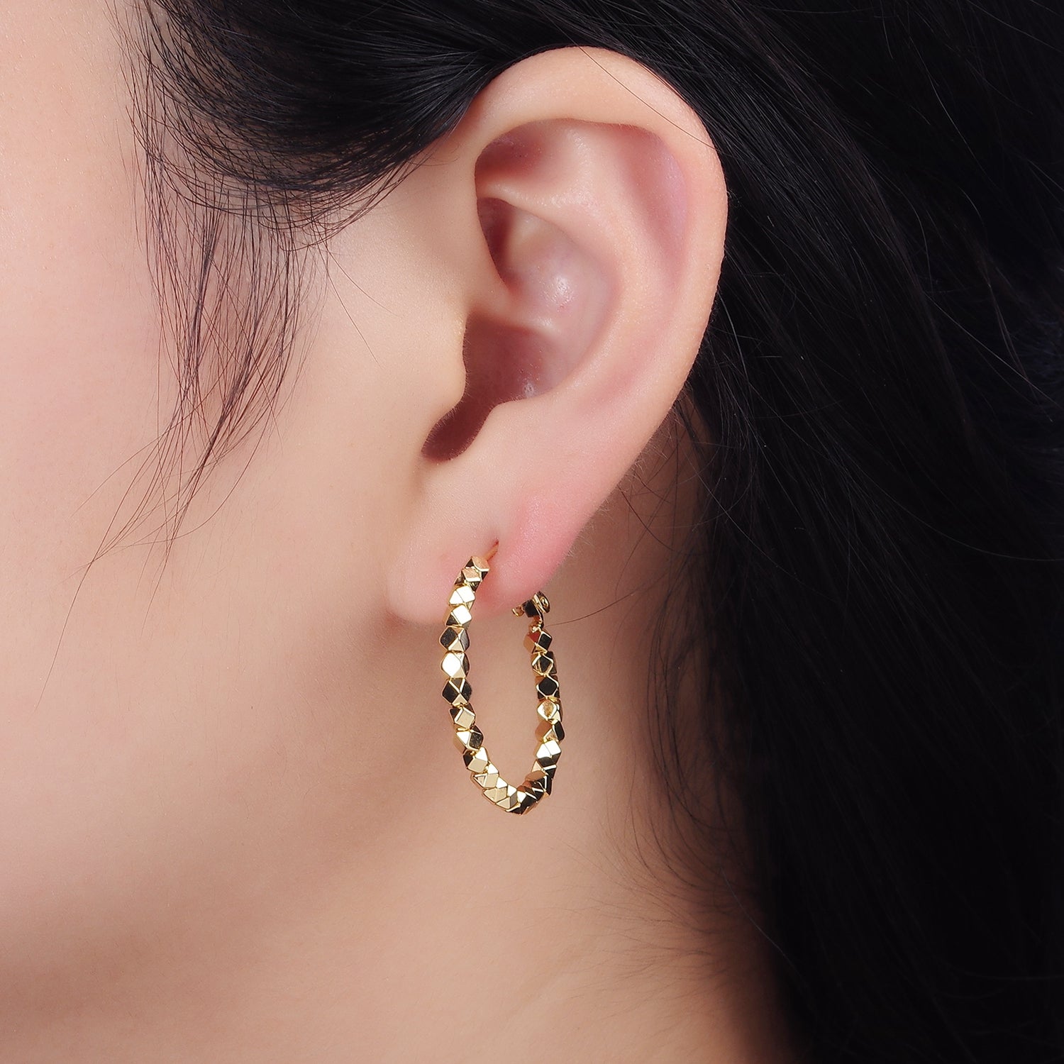 14K Gold Filled 30mm Geometric Bead Hinge Hoop Earrings | AE688