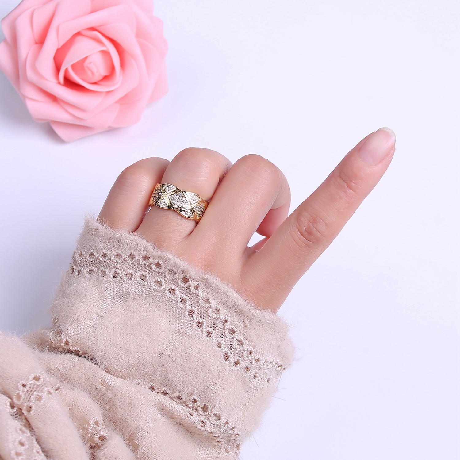 24K Gold Filled Micro Paved CZ X Lined Crossed Wide Band Ring | O2041