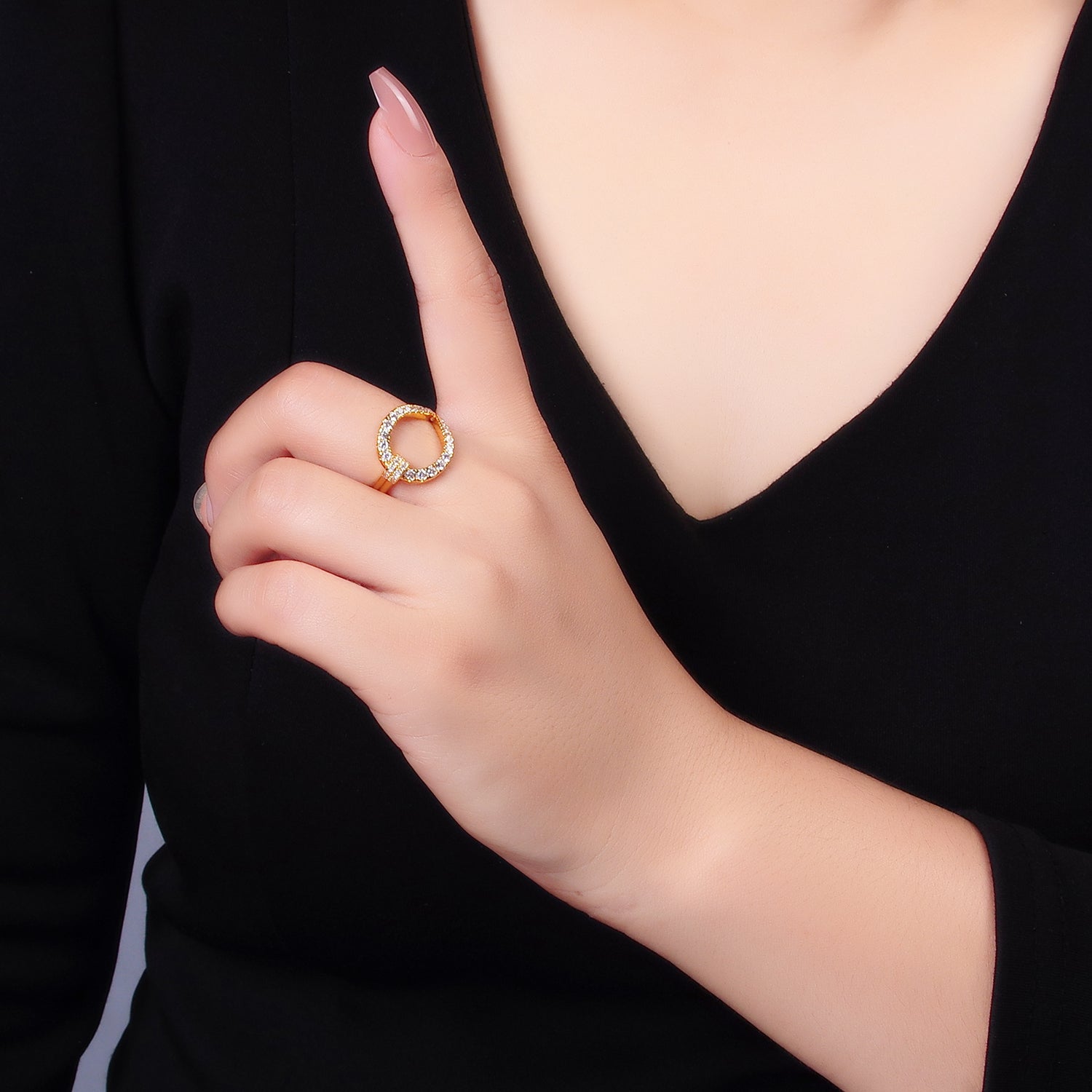 24K Gold Filled CZ Paved Open Circle Buckle Ring | U449