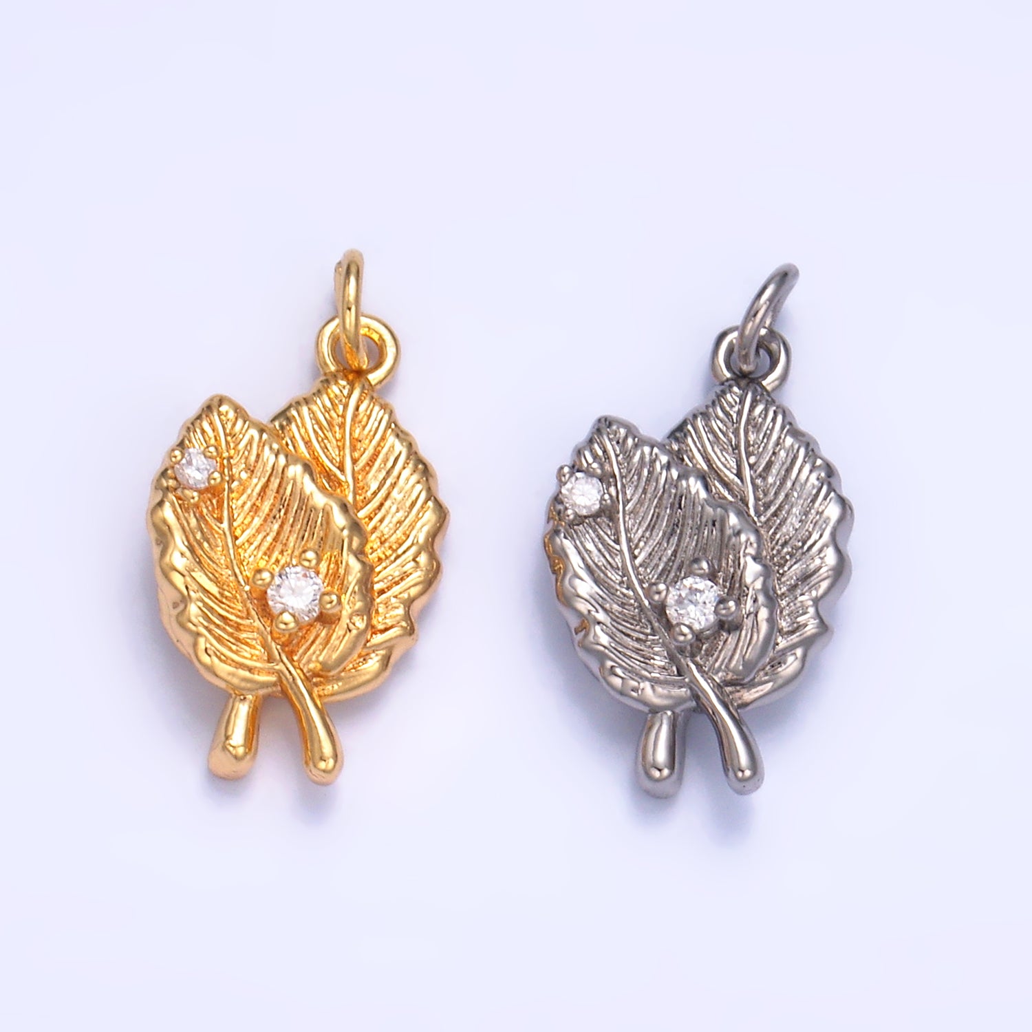 24K Gold Filled Leaf Nature CZ Multidimensional 3D Charm in Gold & Silver | W794