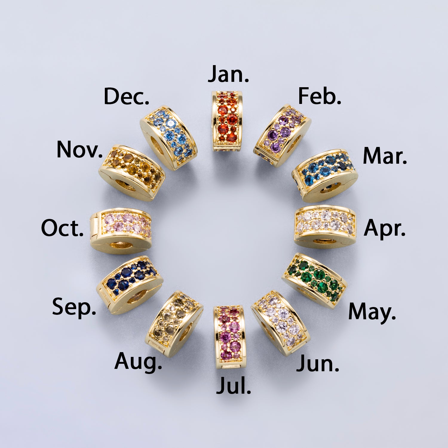16K Gold Filled 10mm Snap Clip Open Micro Paved CZ Birthstone Spacer Rondelle Personalized Set | Beads-00220 ~ Beads-00231