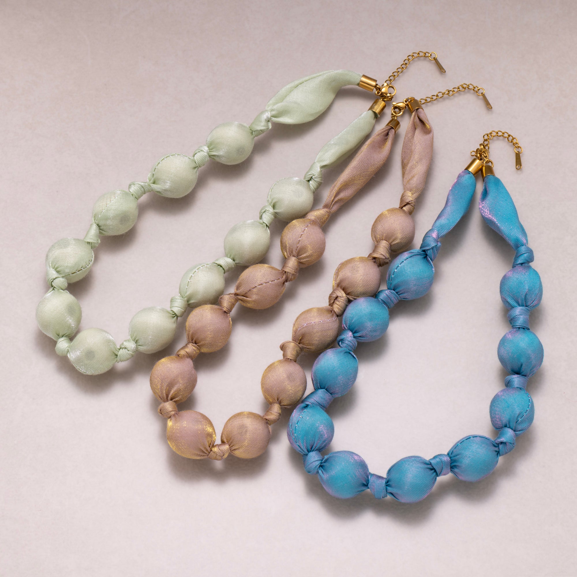 Stainless Steel Pastel Color Shimmer Satin Fabric Wrapped Bead 17 Inch Handmade Scarf Necklace w. Extender | WA-04401 - WA-04403
