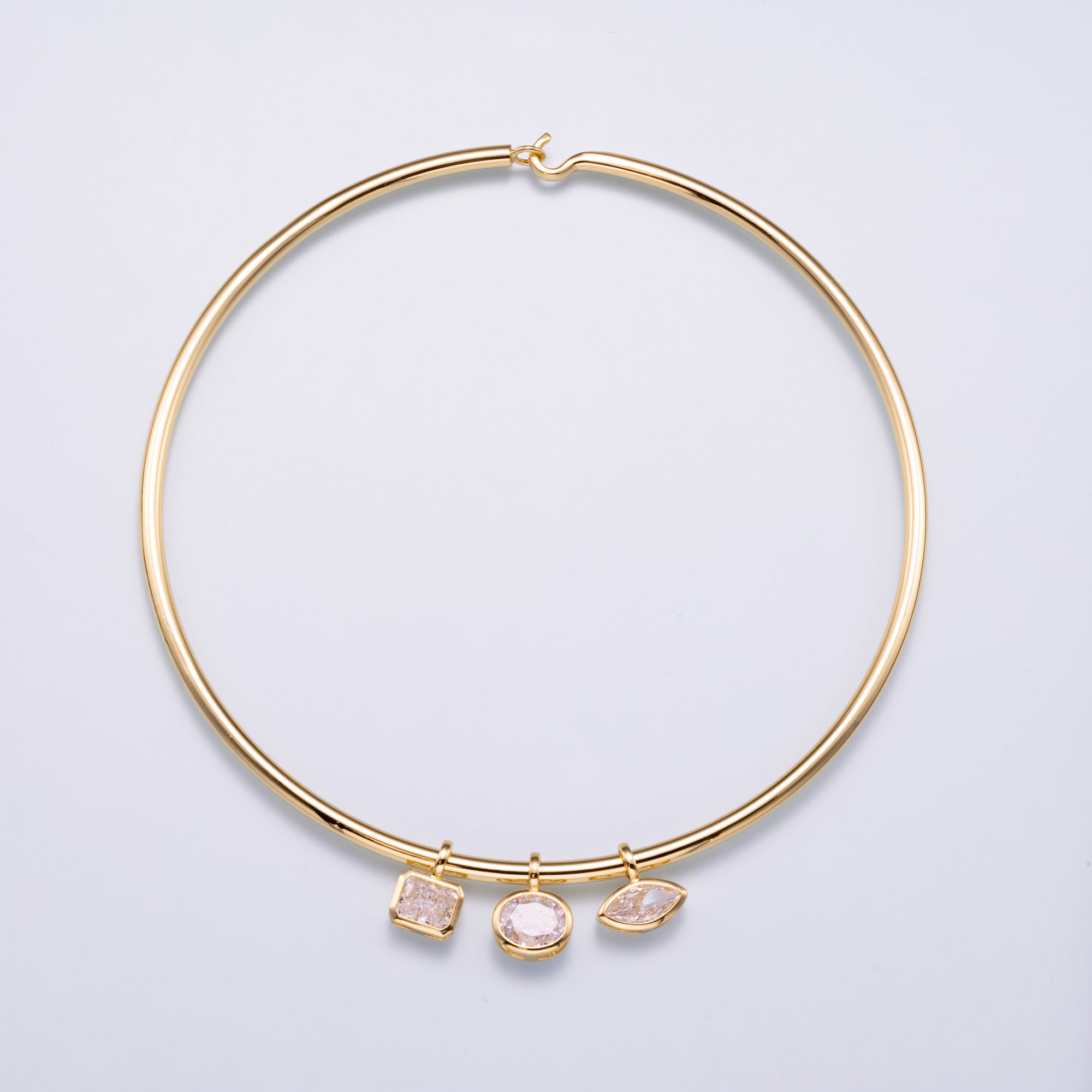 14K Gold Filled Clear Baguette, Oval, Marquise CZ Bezel Collar Chain Pendant | Charms-00750 ~ Charms-00752
