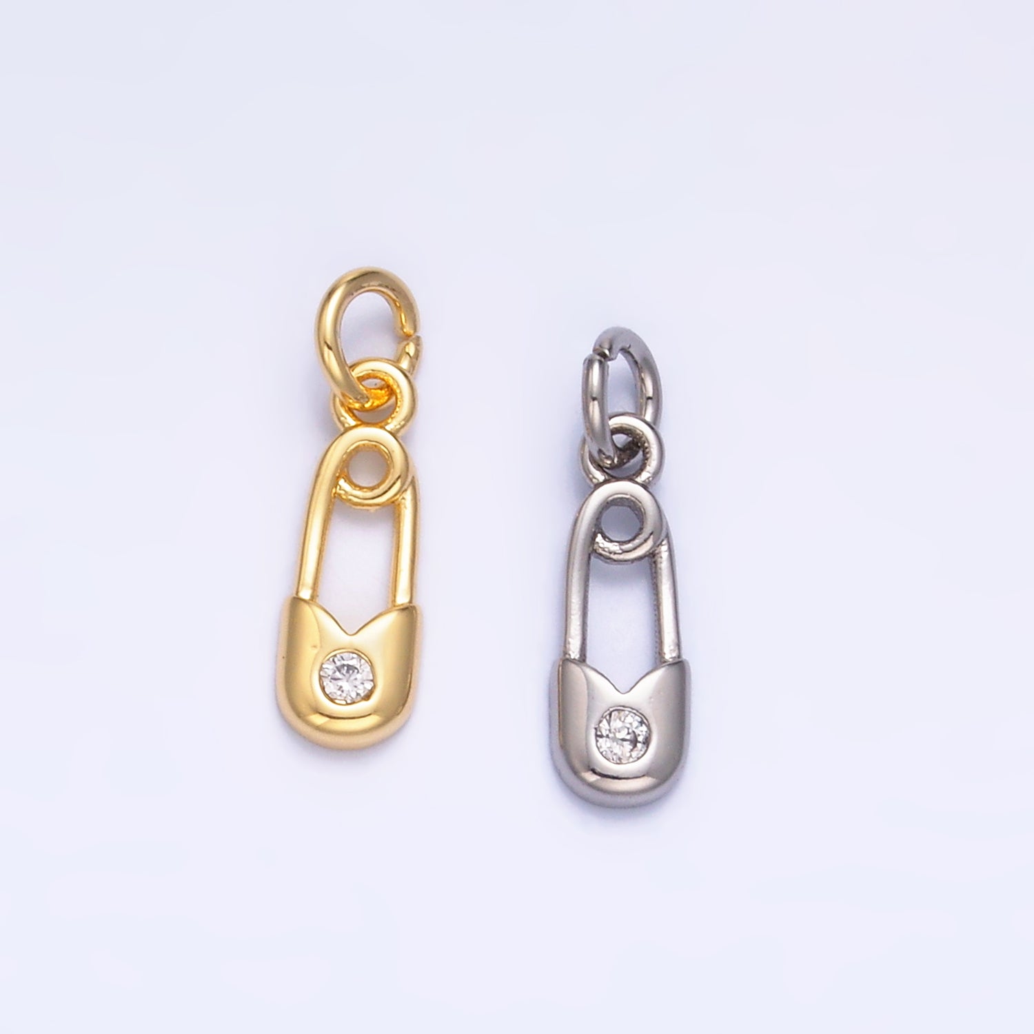 24K Gold Filled Clear CZ Safety Pin Mini Charm in Gold & Silver | W882