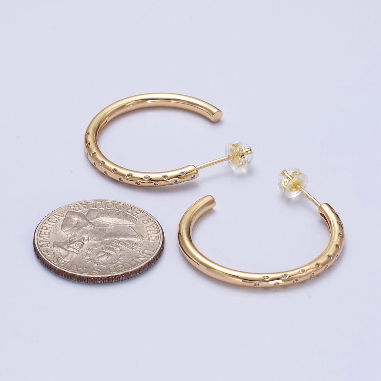 30mm Clear CZ Dotted C-Shaped Hoop Earrings in Gold & Silver | AB749 AB741