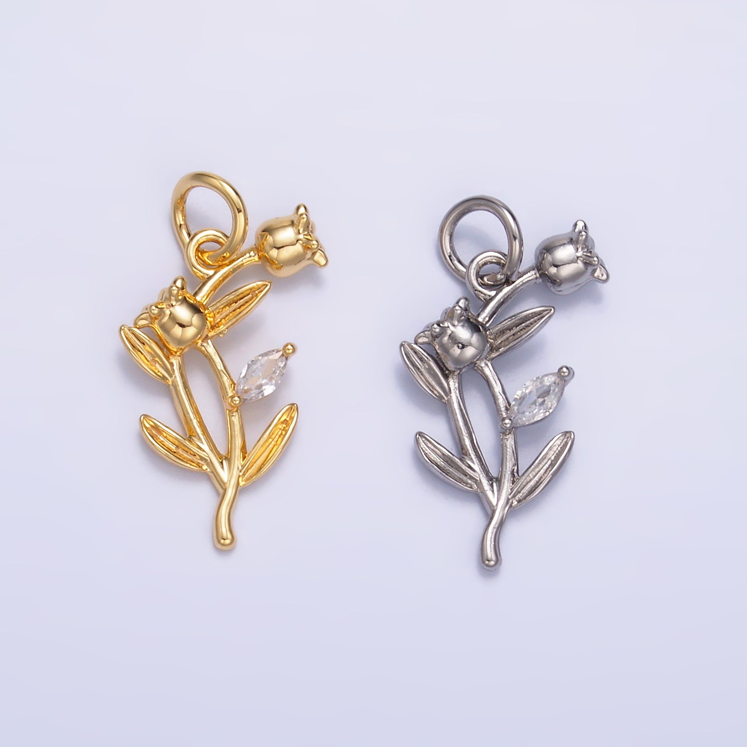 24K Gold Filled CZ Larkspur Flower Multidimensional 3D Charm in Gold & Silver | M177