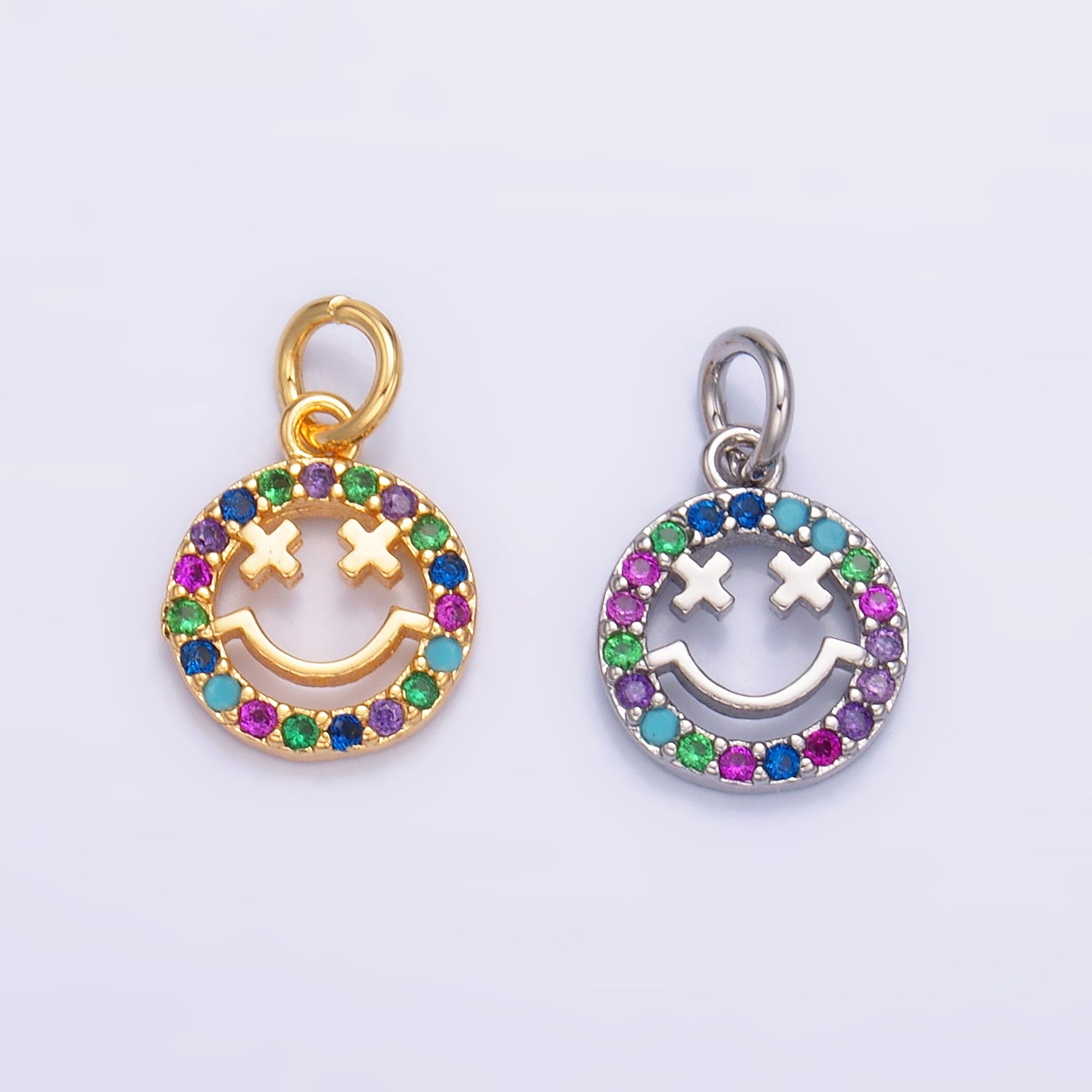 24K Gold Filled Multicolor Micro Paved CZ Smiley Face Charm in Gold & Silver | W867