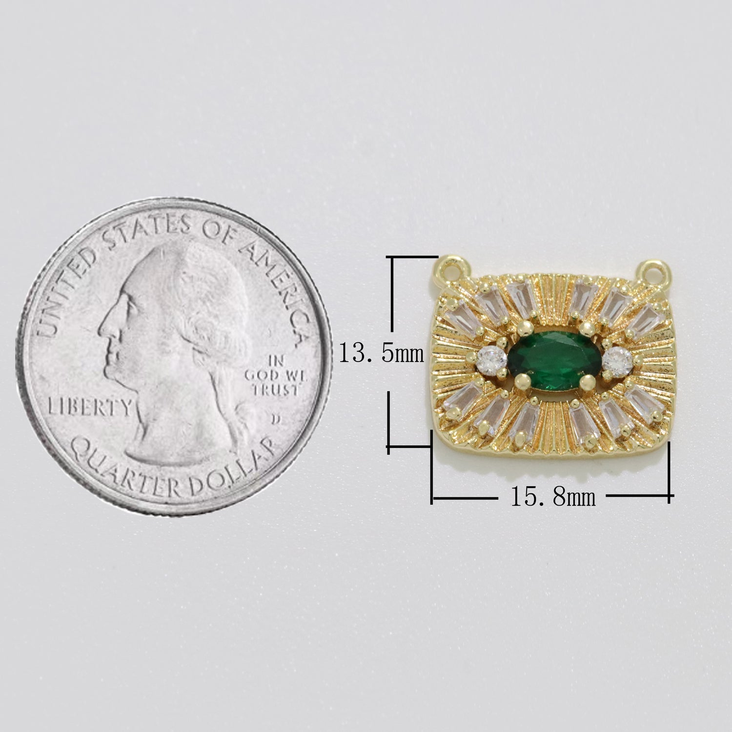 14K Gold Filled 13.5mm Green CZ Evil Eye Marquise Baguette Sunburst Rectangular Connector | Y374