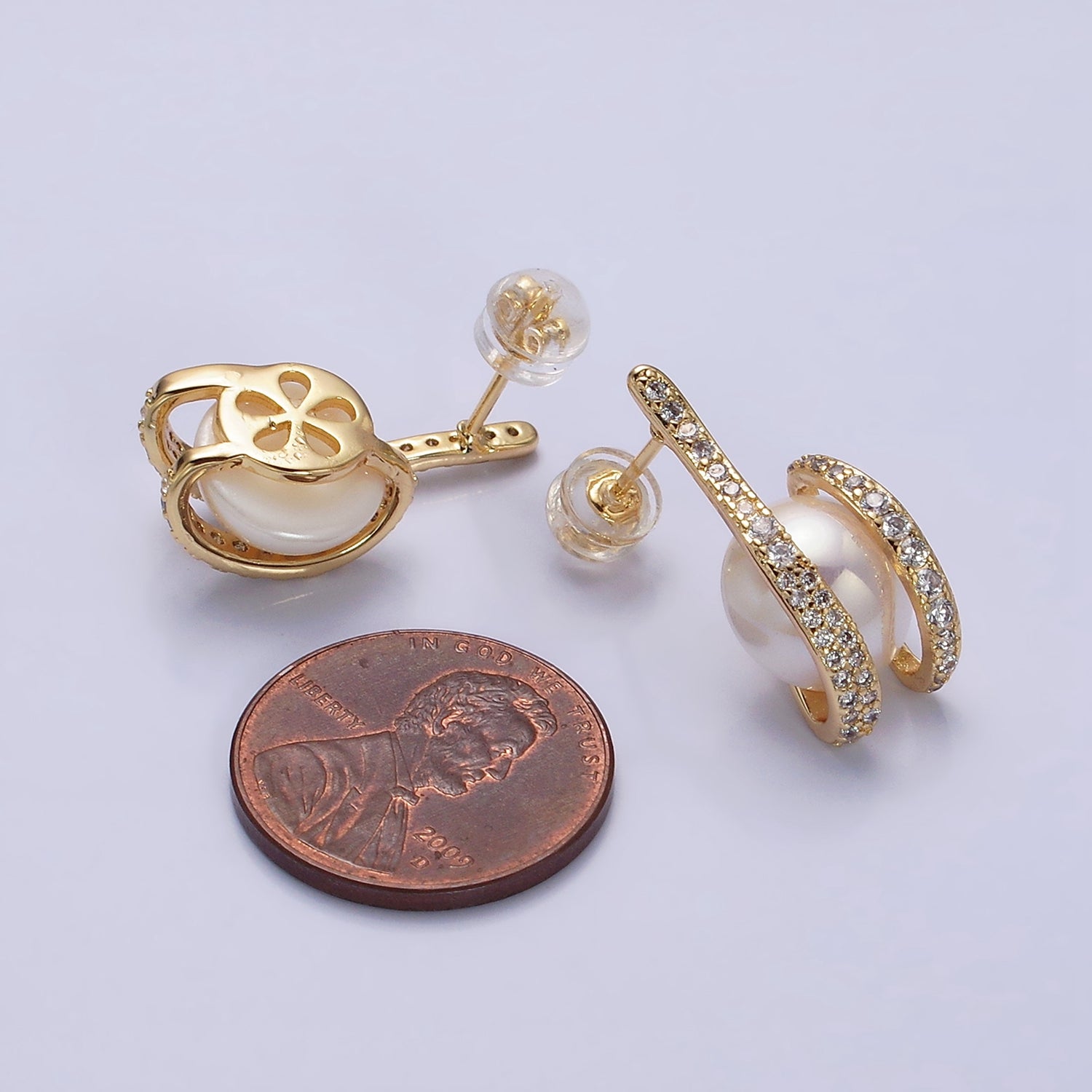 16K Gold Filled 21.5mm Iridescent Shell Pearl Micro Paved CZ Claw Drop Stud Earrings in Gold & Silver | AD972 AD973