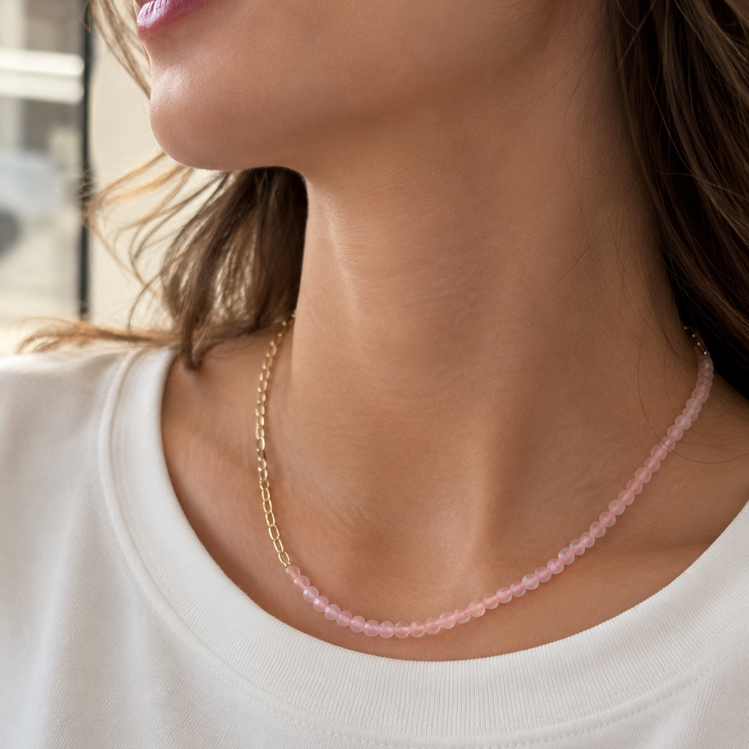16K Gold Filled 4mm Rose Quartz Paperclip Gemstone Chain 16.5 Inch Necklace | WA-02936