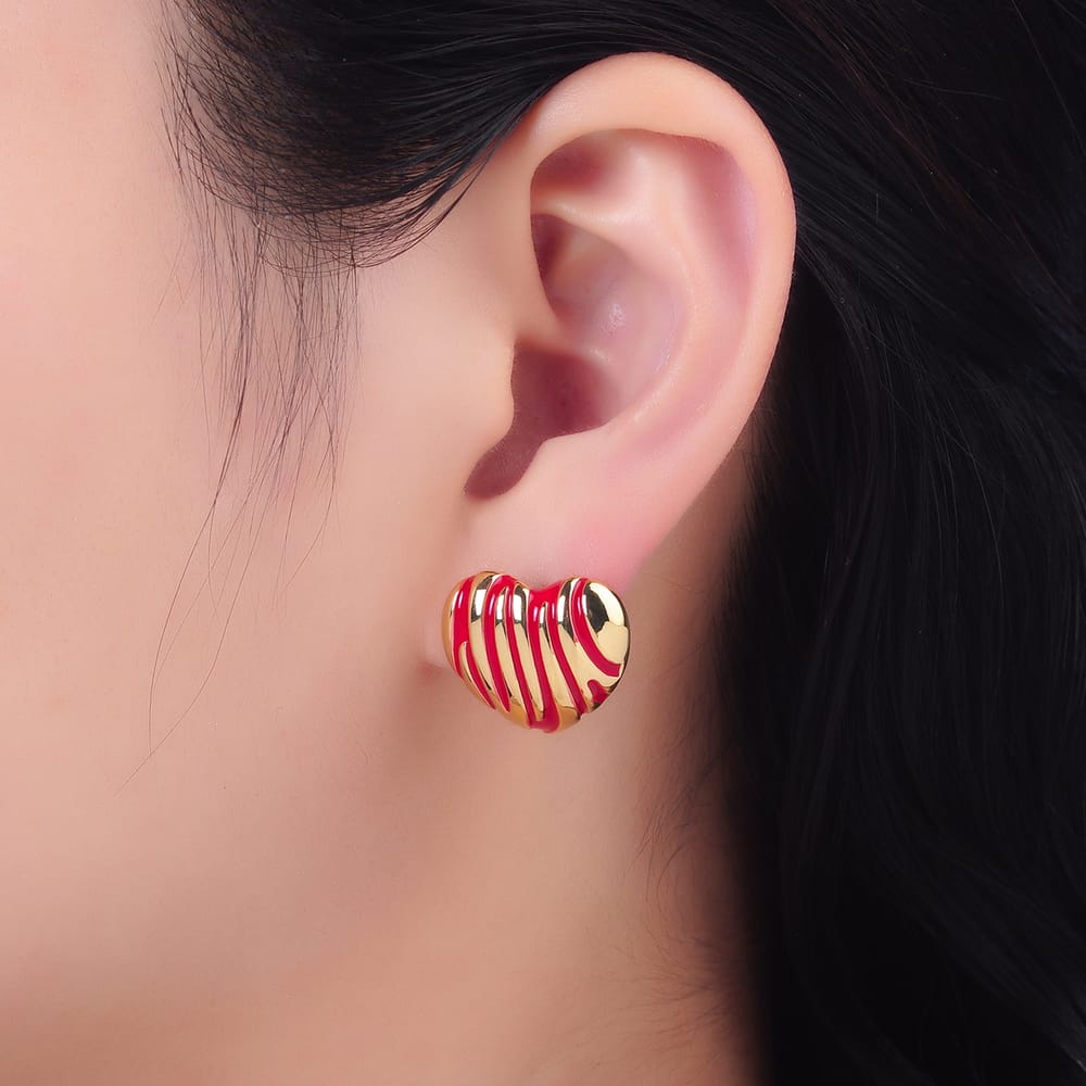 24K Gold Filled 20mm Red Zebra Animal Print Wavy Lined Dome Heart Stud Earrings | AB923