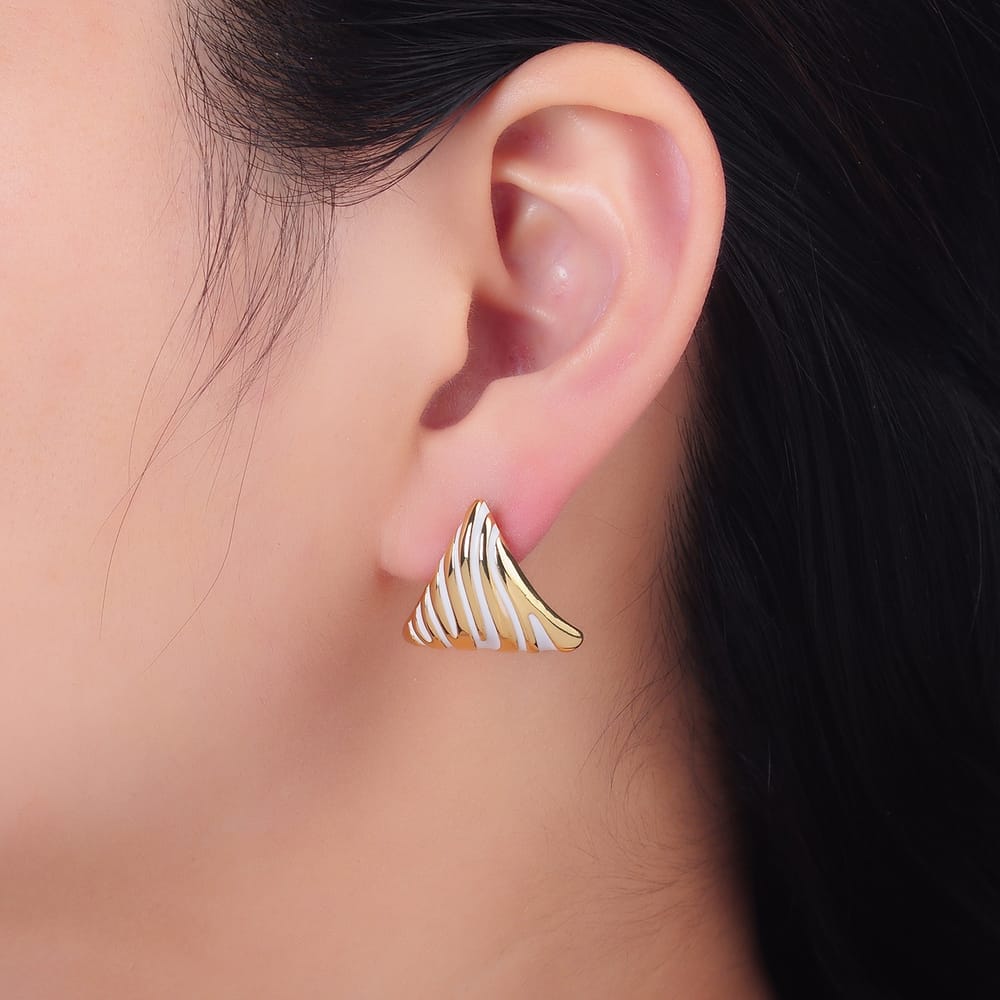 24K Gold Filled 20mm White Zebra Animal Print Wavy Lined Dome Triangle Stud Earrings | AB925