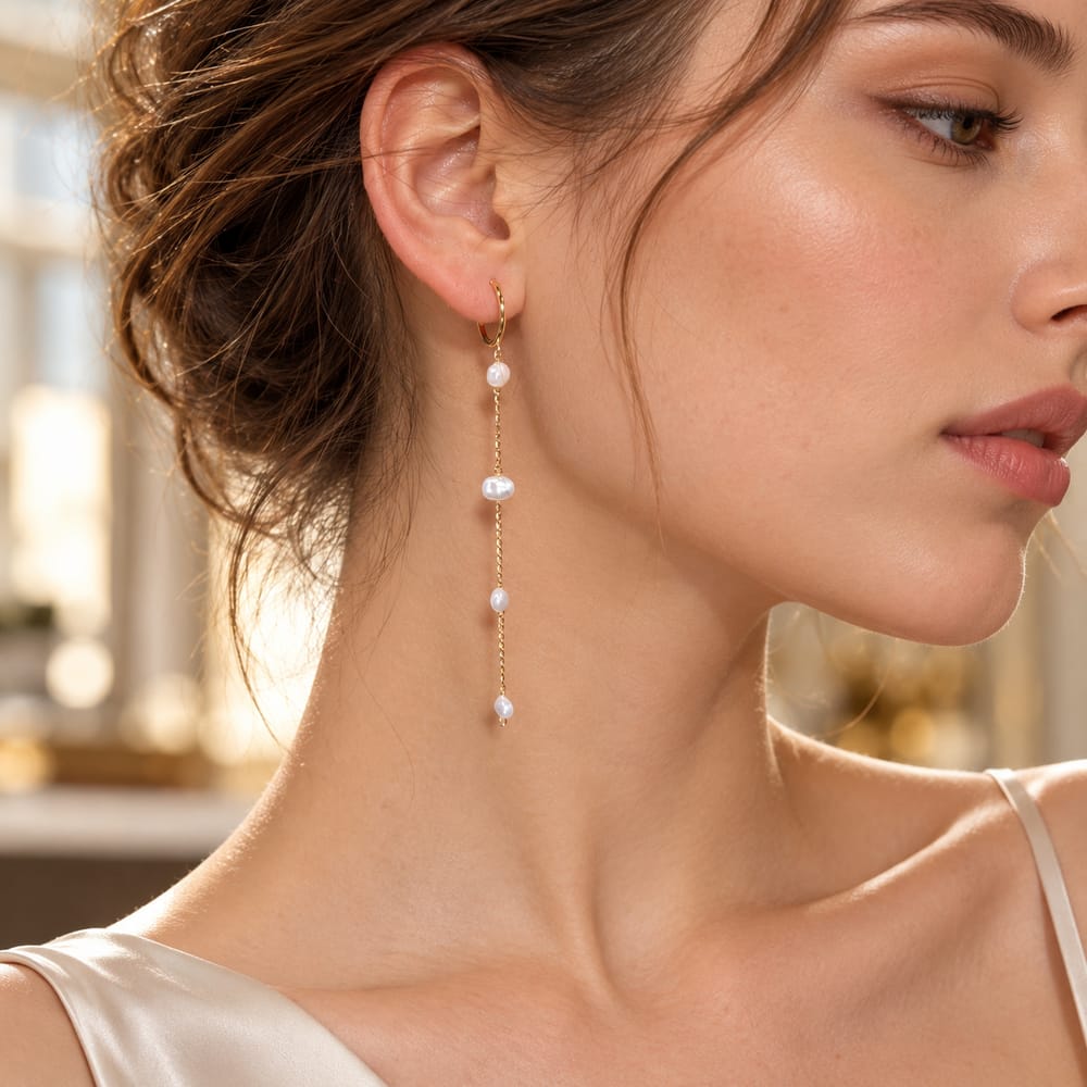 16K Gold Filled 4 Inches Shell Pearl Button Chain Drop Latch Hoop Earrings | Earrings -01257