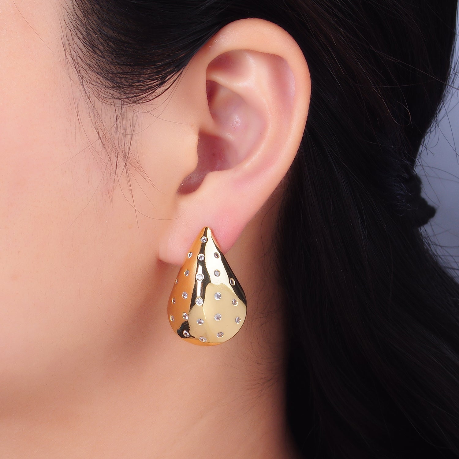 24K Gold Filled 30mm CZ Dotted Edged Teardrop Dome Hoop Earrings | AB330