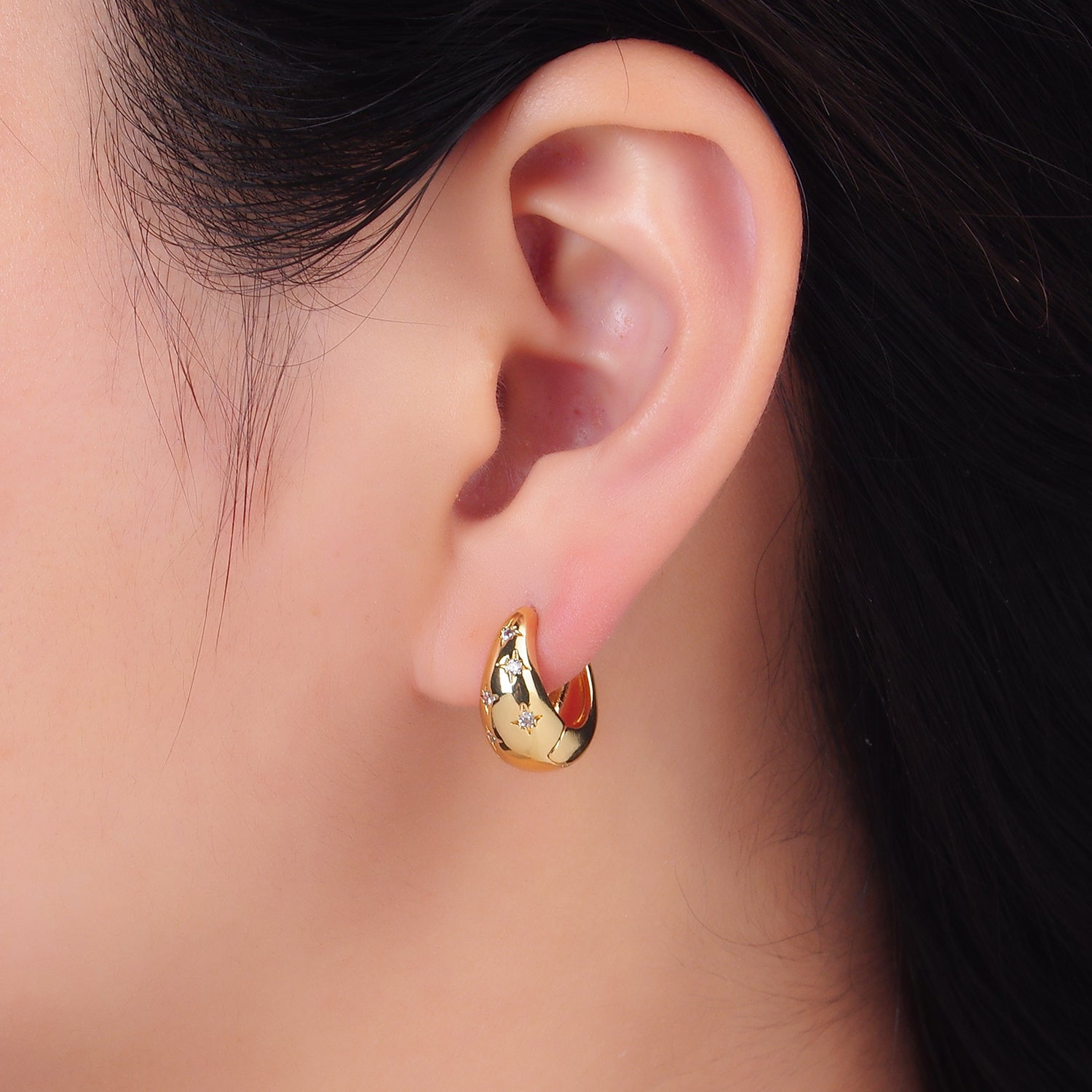 24K Gold Filled Celestial North Star CZ Dome Huggie Earrings | AD111