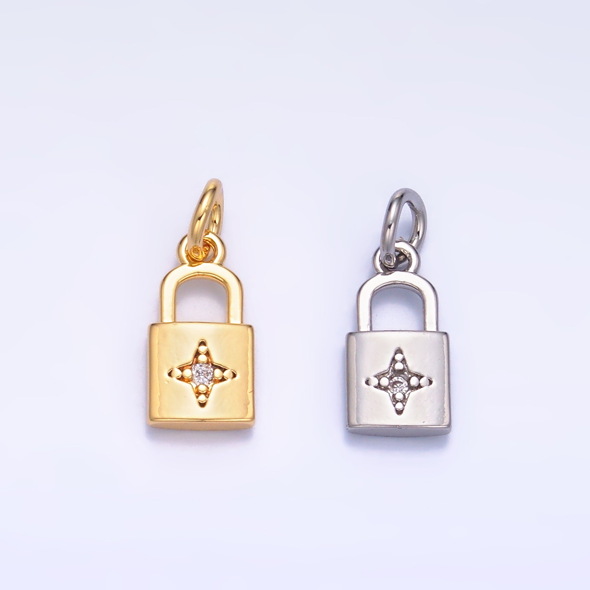 24K Gold Filled CZ Celestial Star Padlock Charm in Gold & Silver | E825