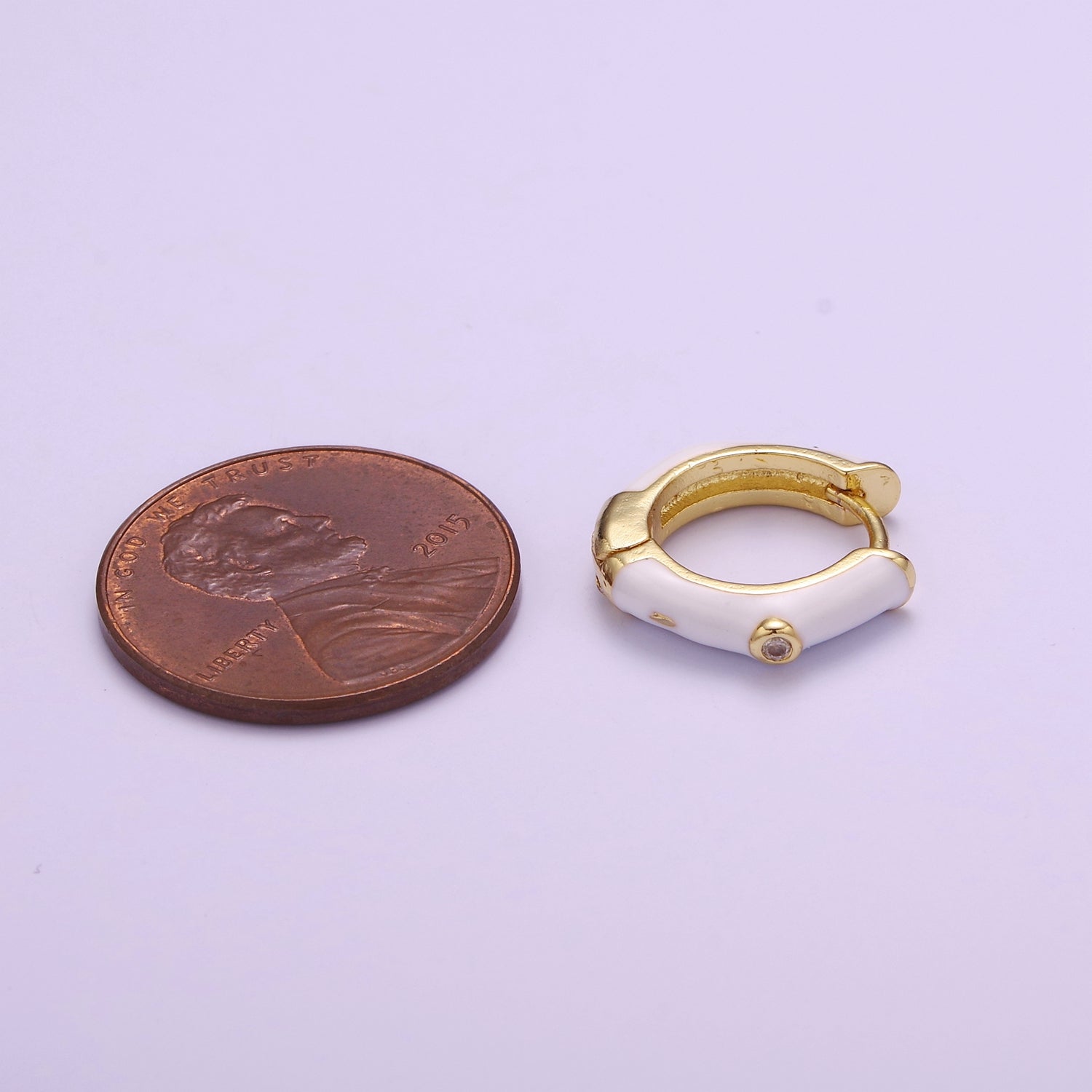 14mm Clear CZ Round White Enamel Geometric Huggie Earring | P102