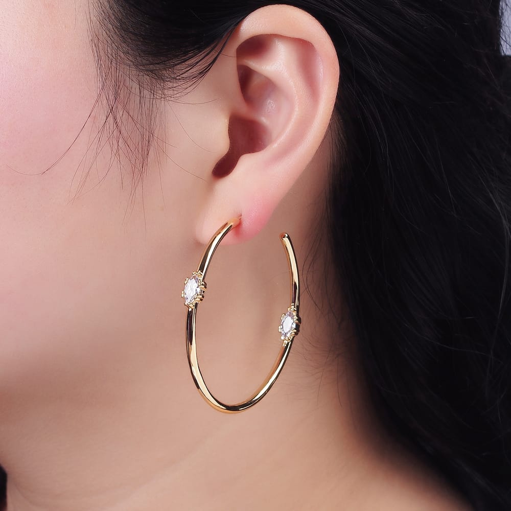 16K Gold Filled 55mm Clear CZ Marquise C-Shaped Hoop Earrings | Earrings-01266