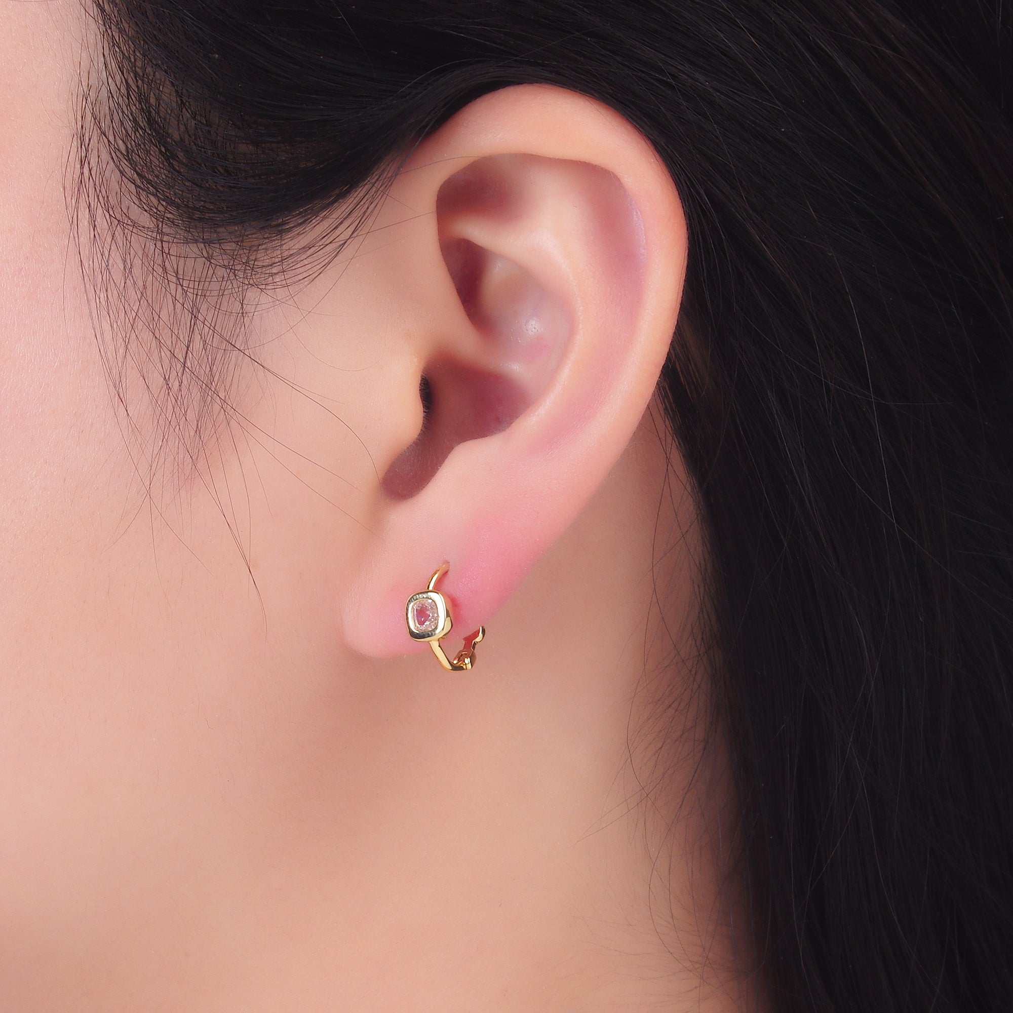 24K Gold Filled Clear CZ Square Huggie Earrings | AB1054