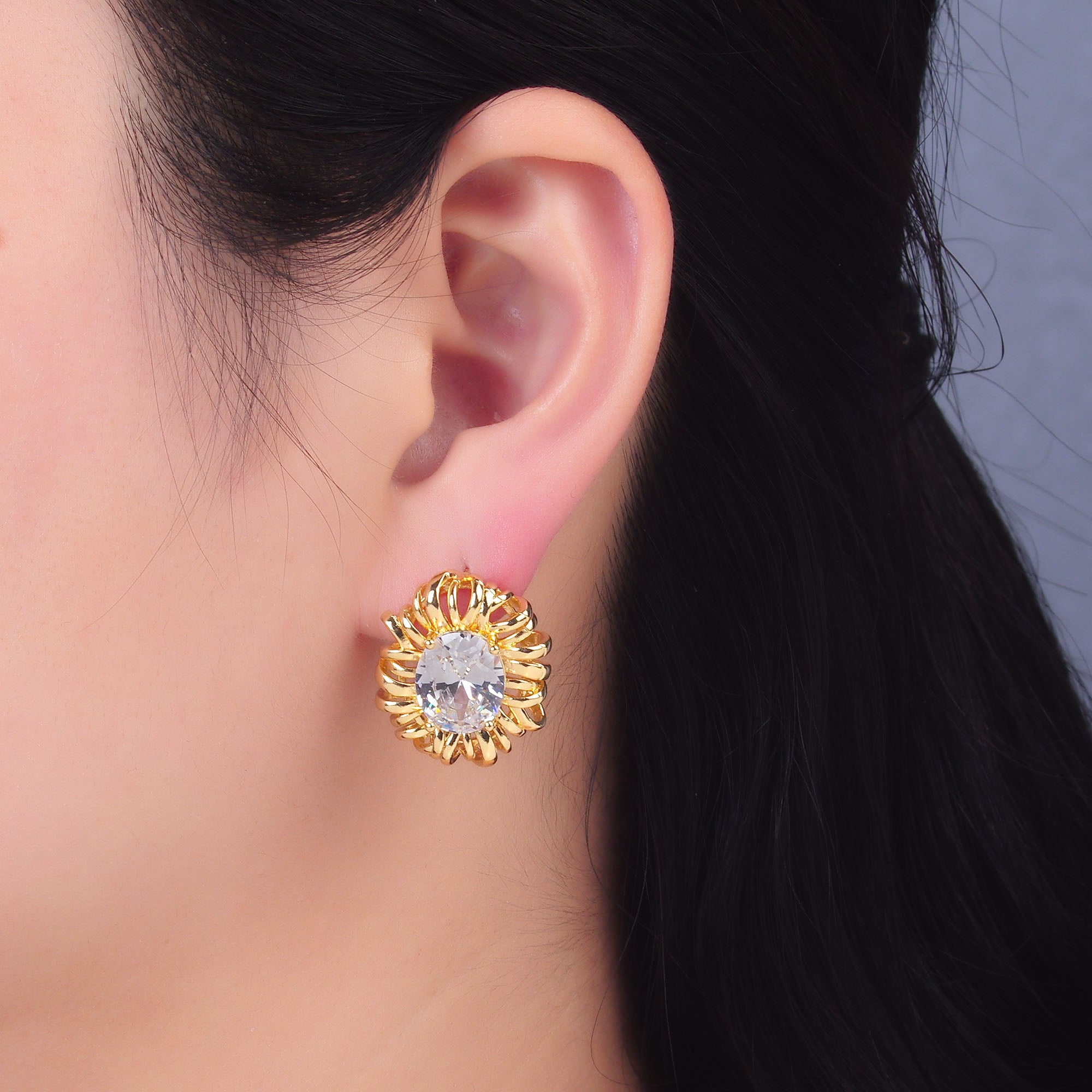 24K Gold Filled Clear CZ Celestial Sun Ray Stud Earrings | AB077