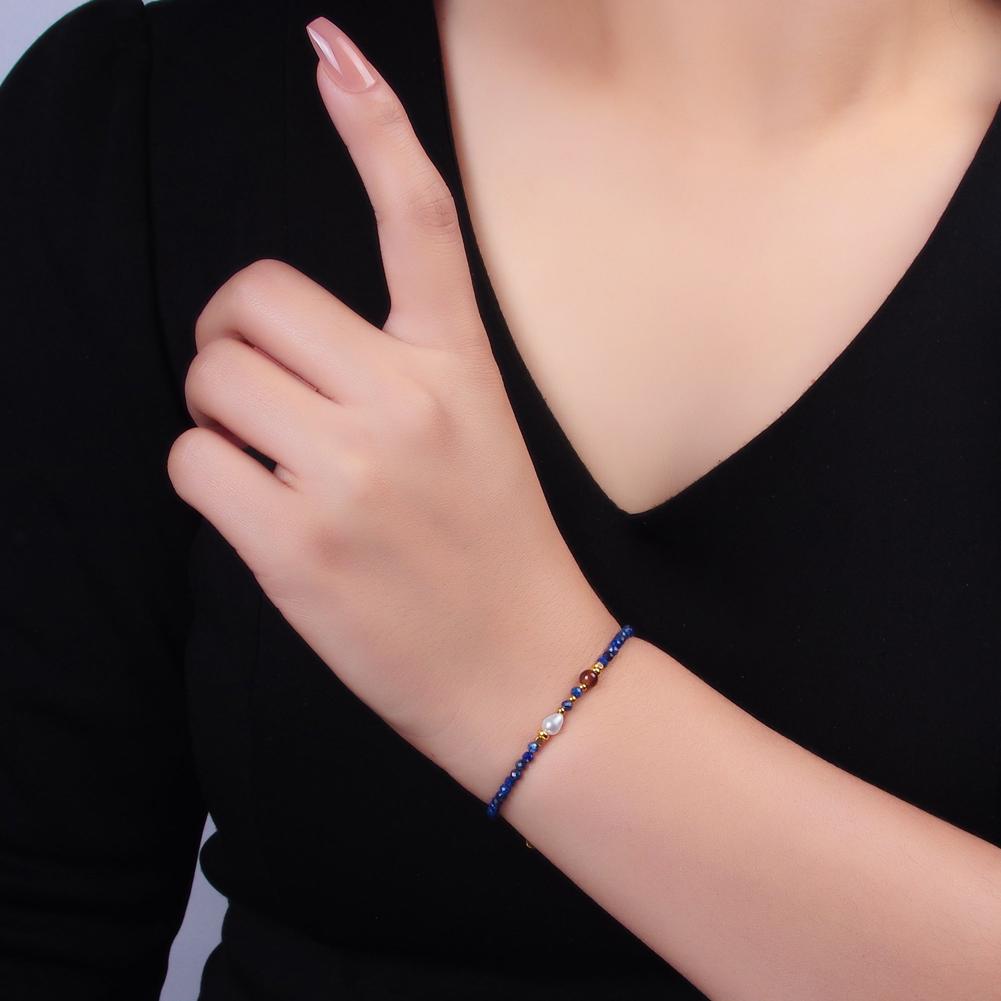 Stainless Steel Red Blue Lapis Lazuli Natural Gemstone Bead 7 Inch Bracelet | WA-3114