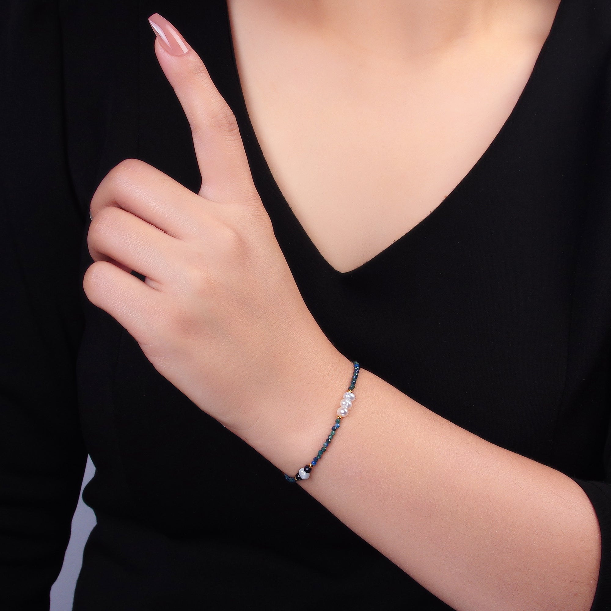 Stainless Steel Shell Pearl Lapis Lazuli Natural Gemstone 6.5 Inch Bracelet | WA-3117